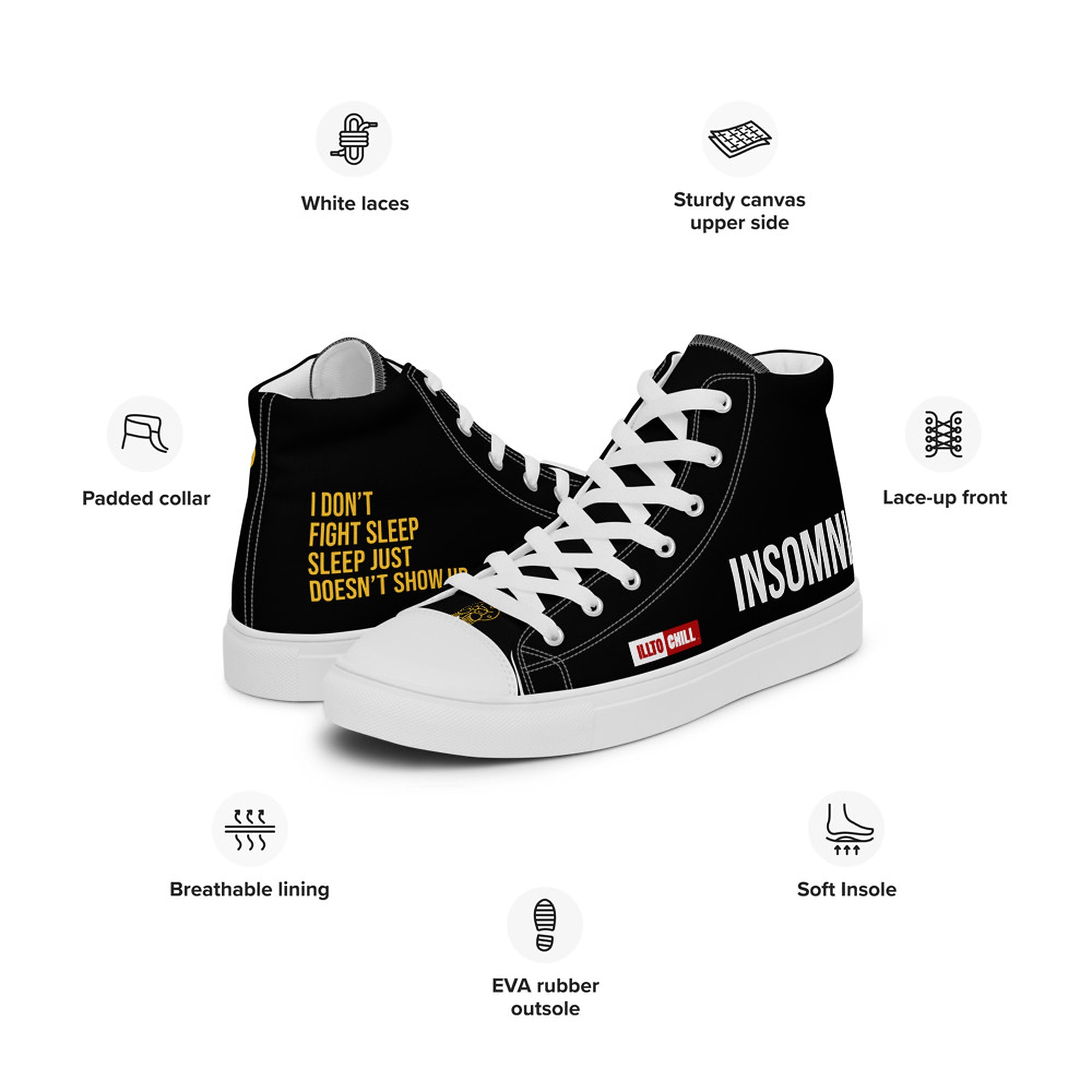 ILLTOCHILL Insomnia Night Owl Men’s high top canvas shoes – Product specs Left #2
