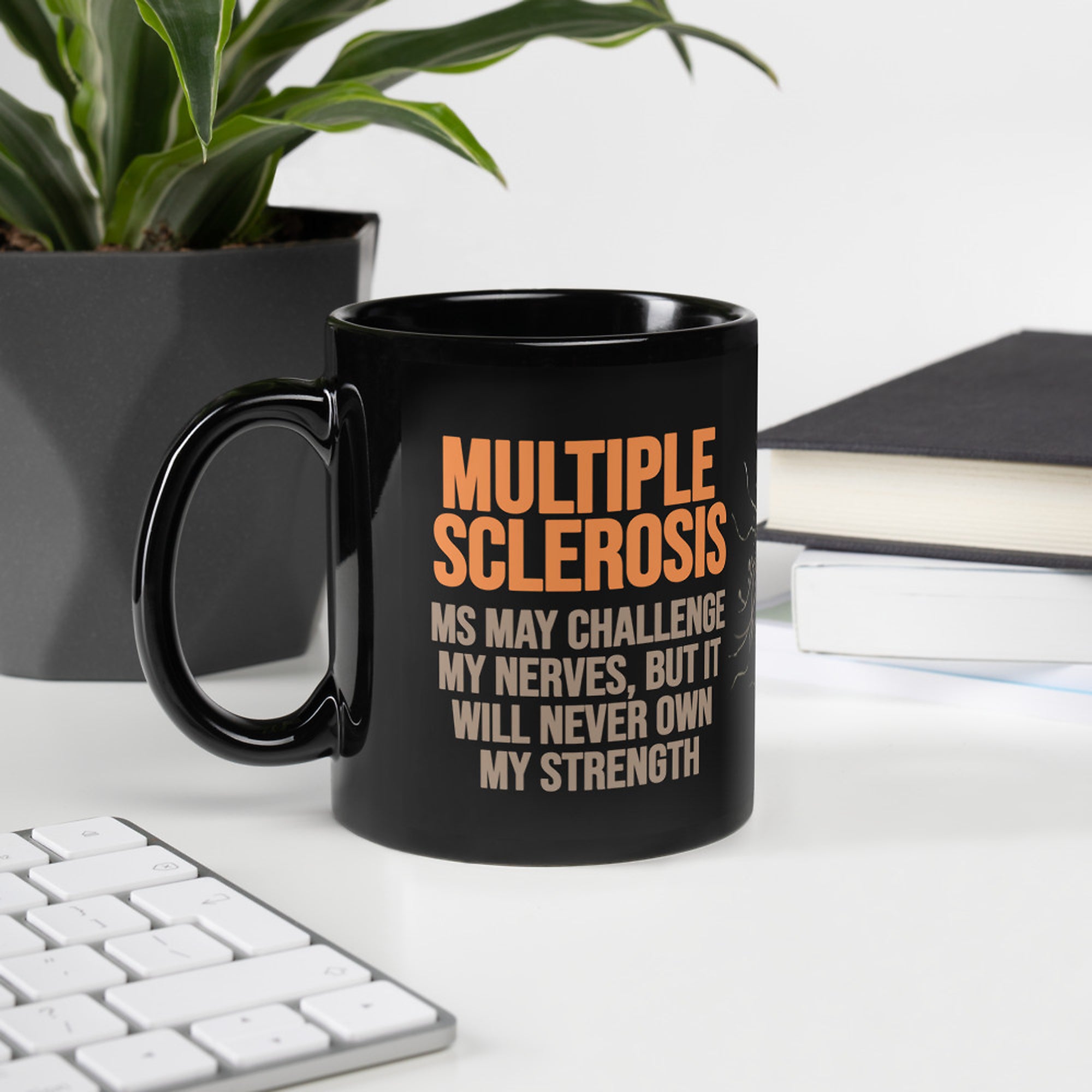 ILLTOCHILL MS awareness Multiple Sclerosis support gift Black Glossy Mug – Lifestyle 2 Handle on Left