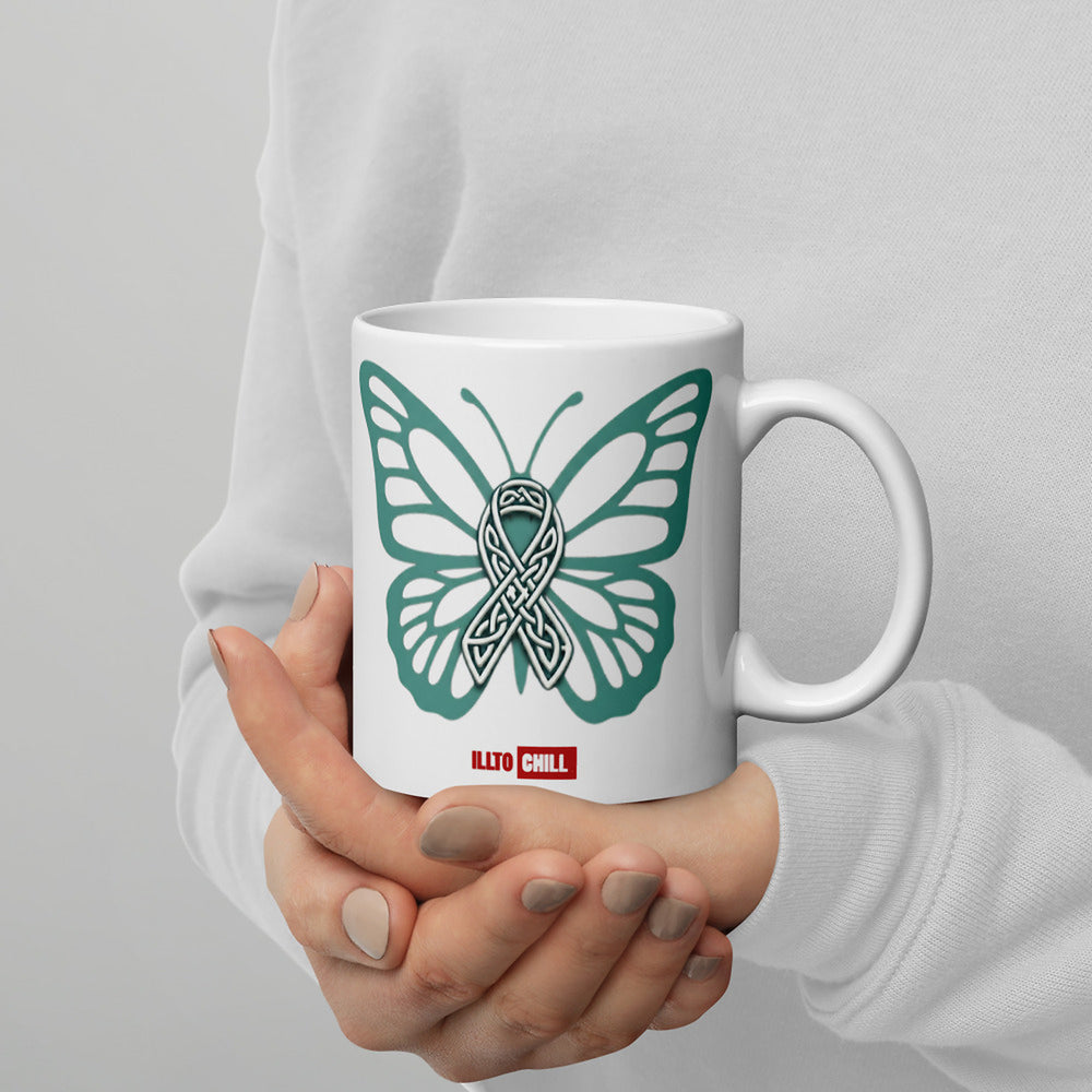 ILLTOCHILL POTS awareness gift White glossy mug – Lifestyle 3 Handle on Right
