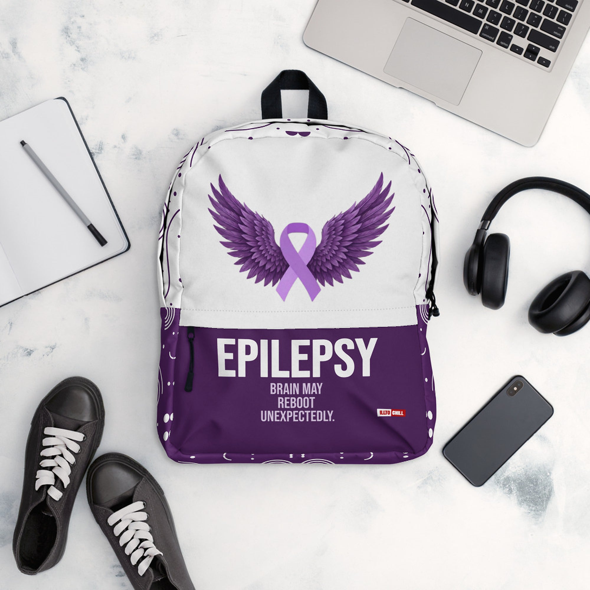 ILLTOCHILL Epilepsy Support Backpack – Flat Lifestyle Front (Clear)