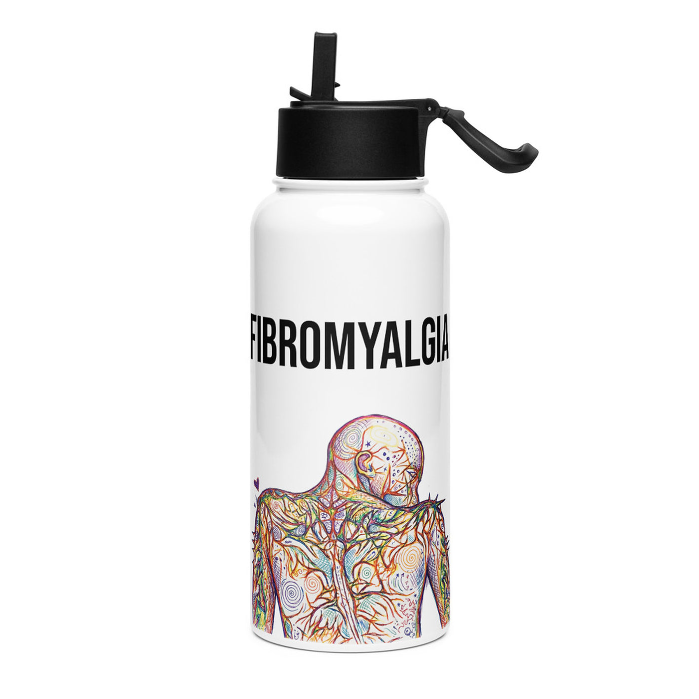 ILLTOCHILL Fibromyalgia awareness fibro gift Stainless steel water bottle with a straw lid – Flat Left