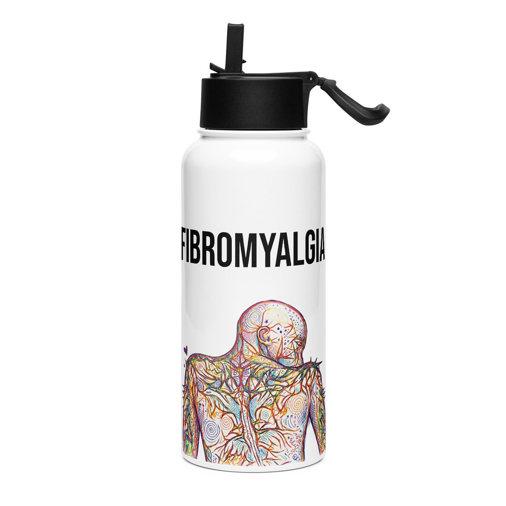 ILLTOCHILL Fibromyalgia awareness fibro gift Stainless steel water bottle with a straw lid – Flat Left