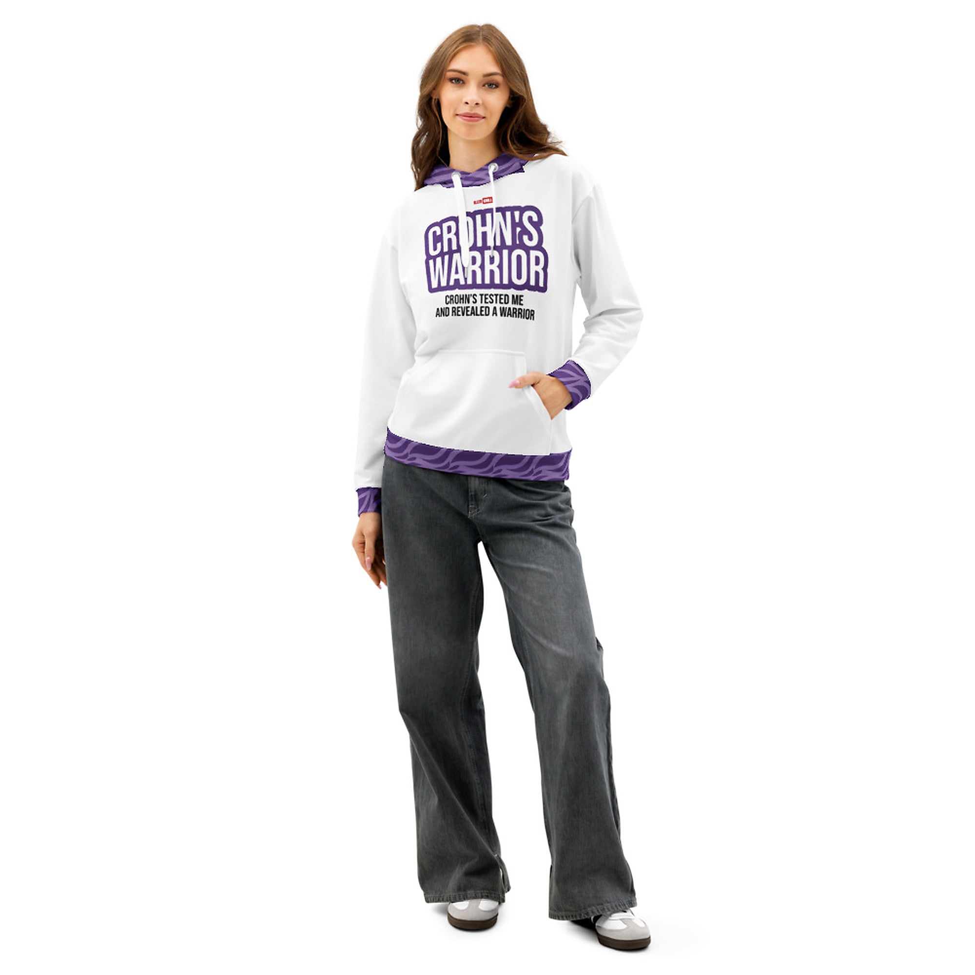 ILLTOCHILL Crohn's disease awareness and support gift unisex cotton hoodie – Women's Front (White)