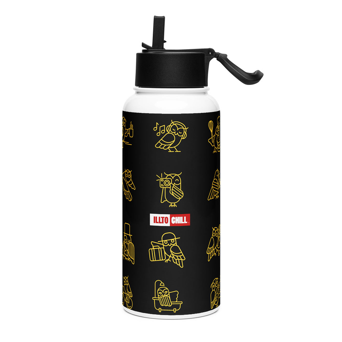 ILLTOCHILL Insomnia Night Owl Stainless steel water bottle with a straw lid – Flat Left