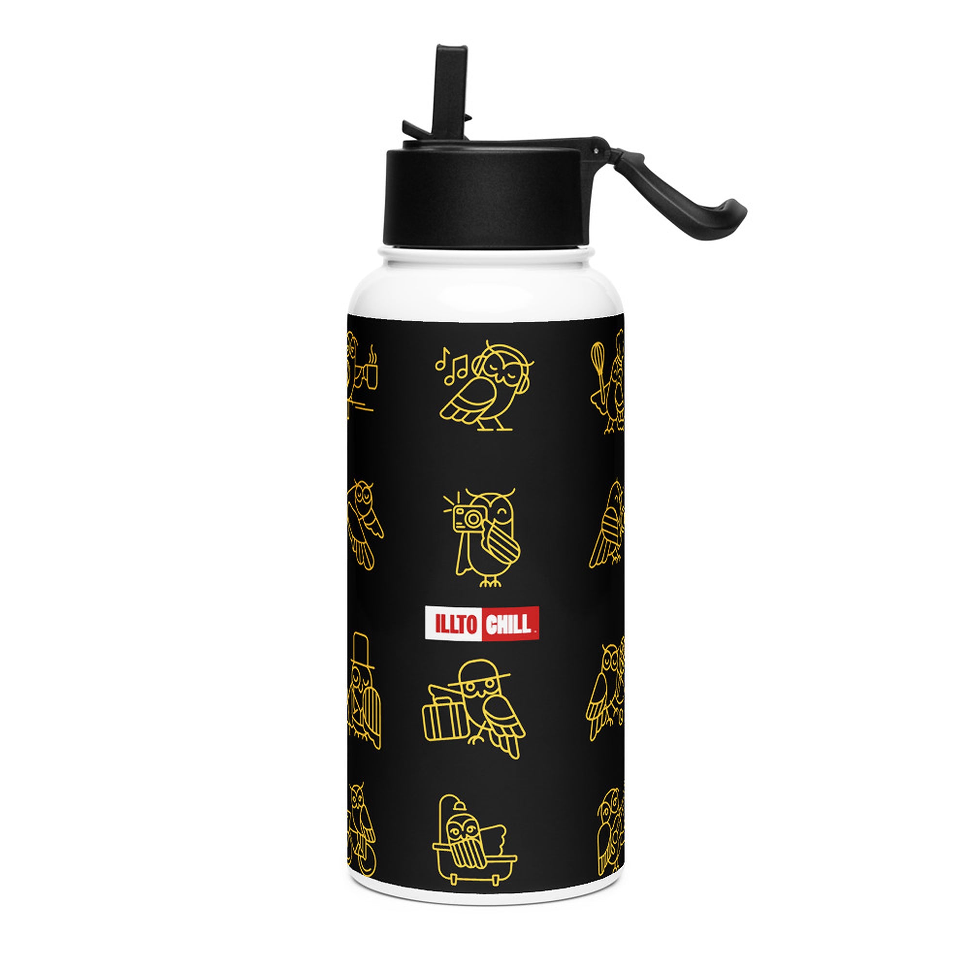 ILLTOCHILL Insomnia Night Owl Stainless steel water bottle with a straw lid – Flat Left