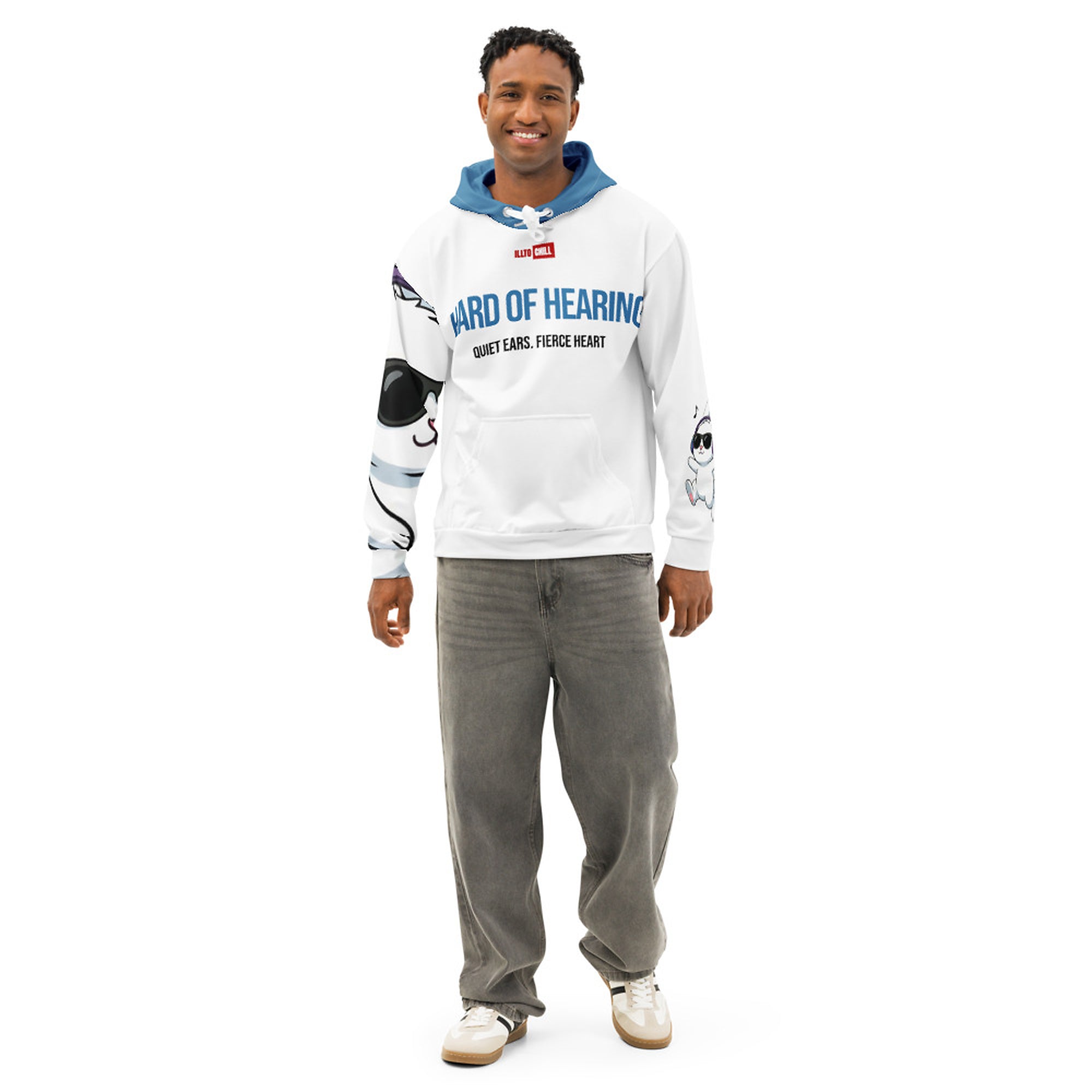 ILLTOCHILL Hard of hearing support gift for hearing impaired Unisex cotton hoodie – Men's Front (White)
