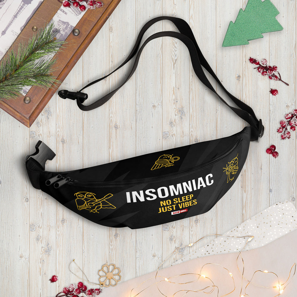 ILLTOCHILL Insomnia Awareness Fanny Pack – Holiday season Front (Black)