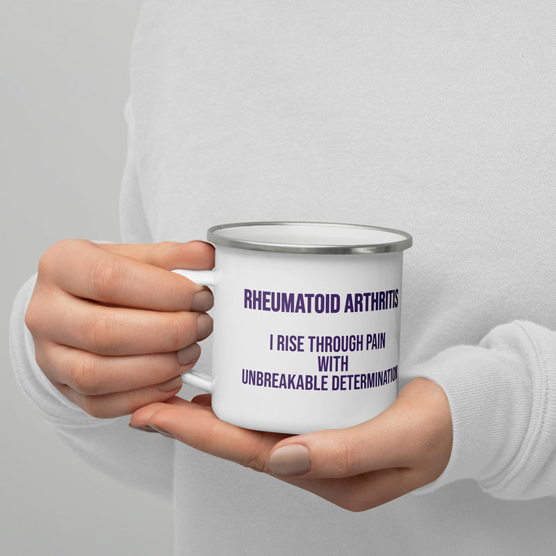 ILLTOCHILL RA awareness Rheumatoid Arthritis support gift Enamel Mug – Lifestyle 7 Left