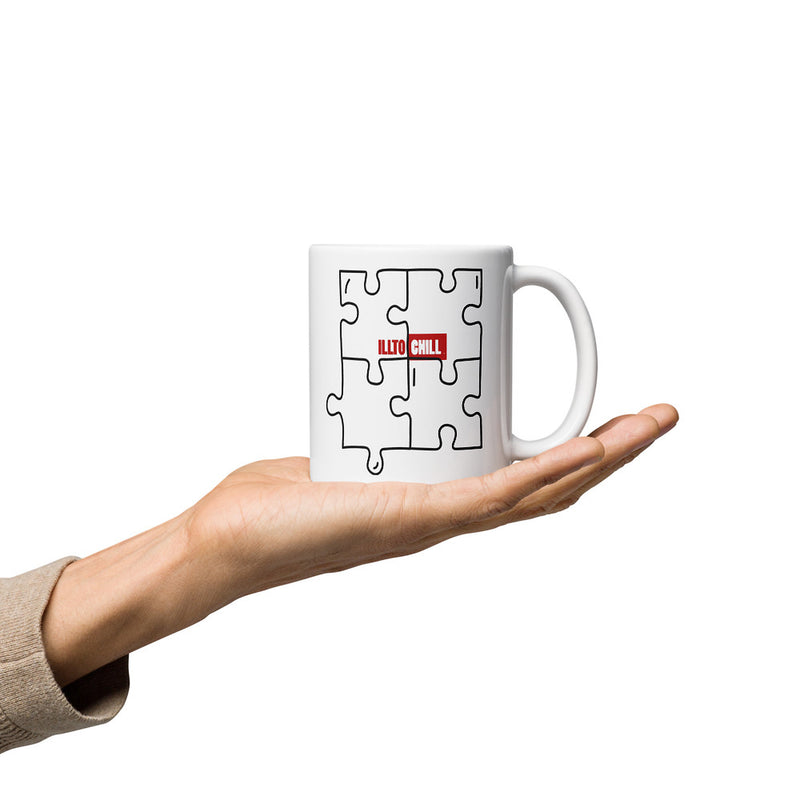 ILLTOCHILL Autism awareness neurodiversity gift White glossy mug – Lifestyle 2, Premium Handle on Right