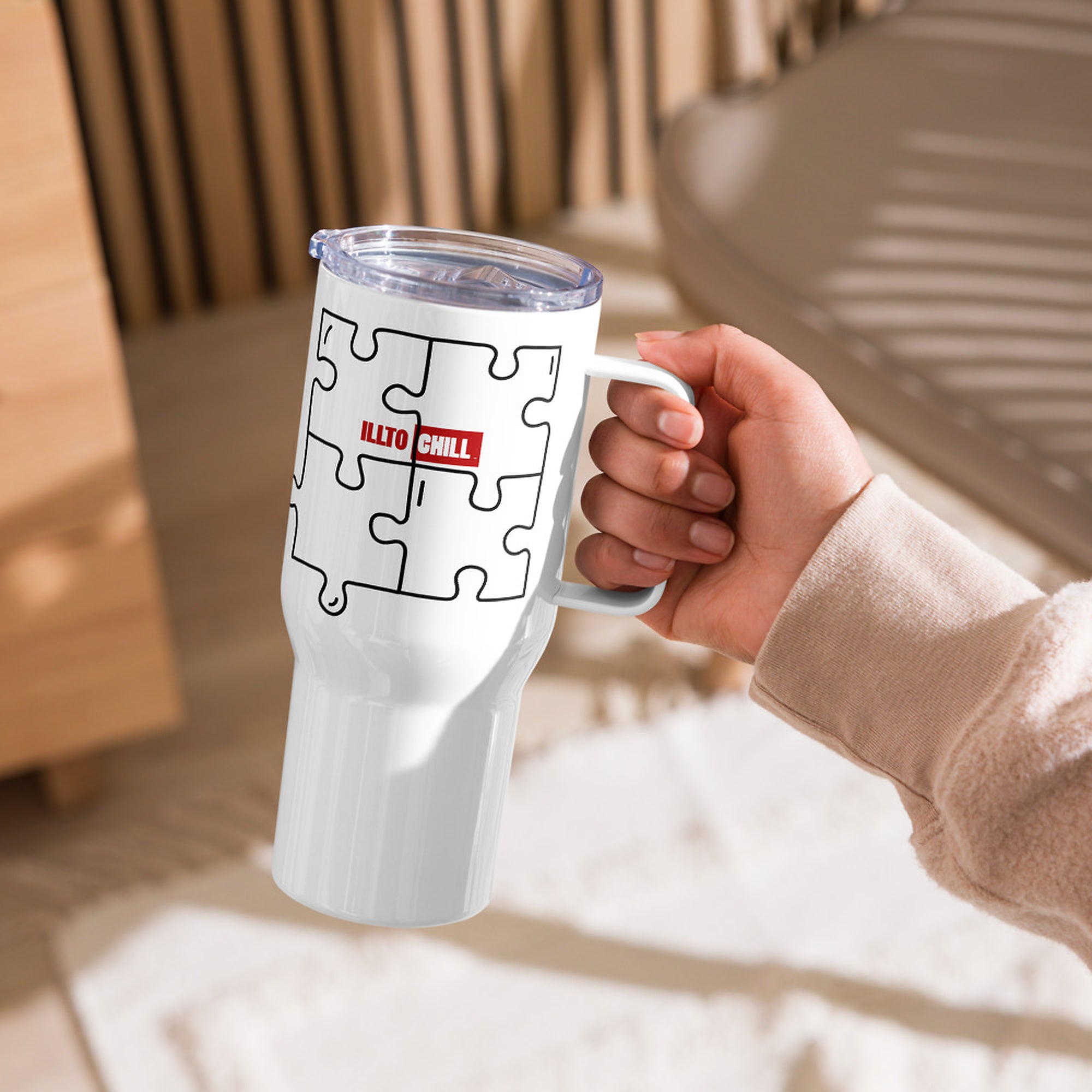 ILLTOCHILL Autism awareness puzzle gift Travel mug with a handle – Lifestyle 7 Left