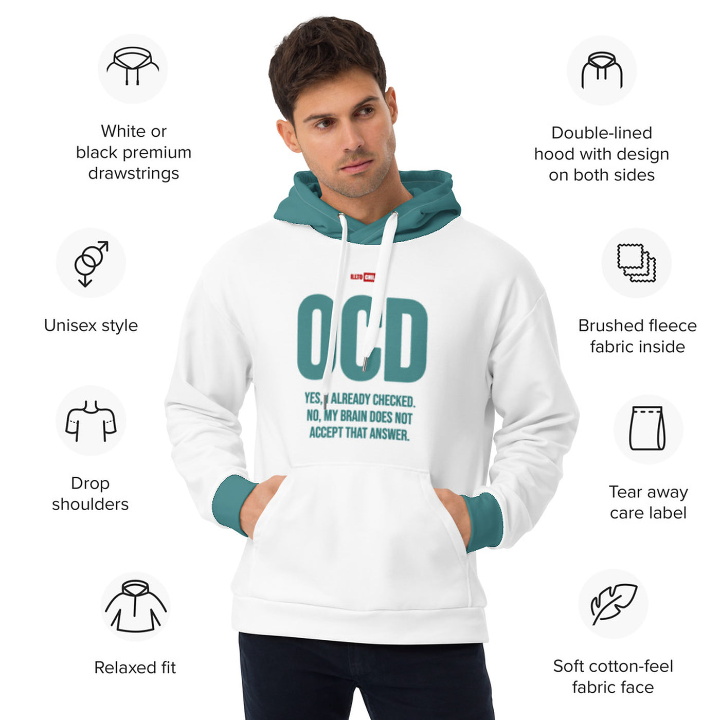ILLTOCHILL ILLOCHILL OCD Support Obsessive-Compulsive Disorder gift heavyweight Unisex Hoodie – Product specs Front (White)