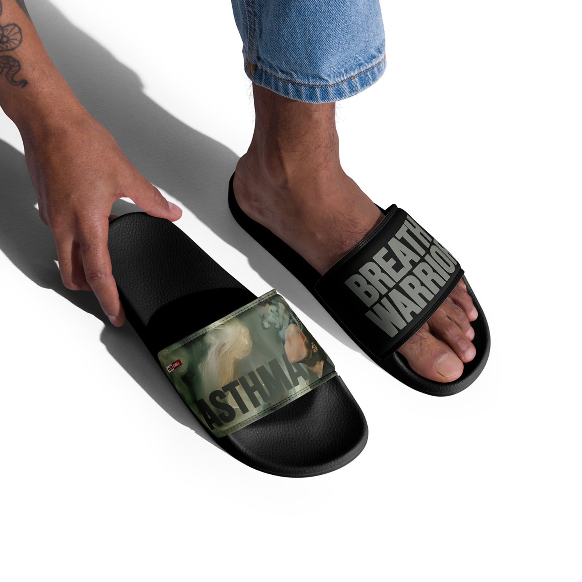 ILLTOCHILL Asthma Support Men's Slides – Men's Lifestyle 2 Right Front (Asthma Support Men's Slides)