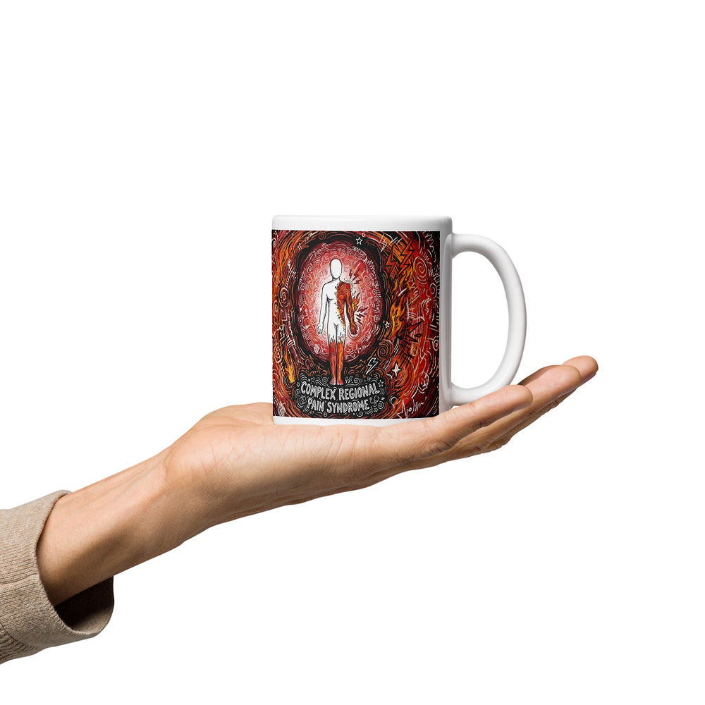 ILLTOCHILL CRPS Awareness and support gift White glossy mug – Lifestyle 2, Premium Handle on Right