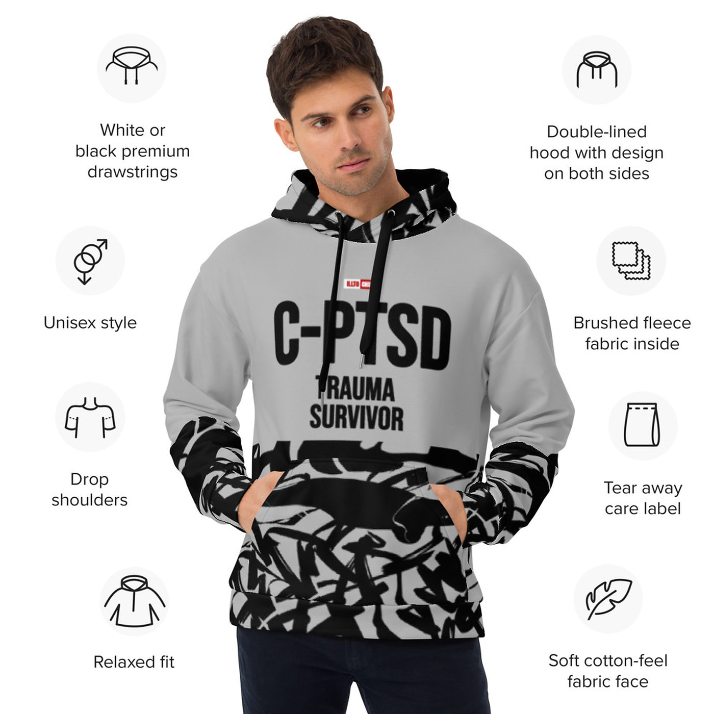 ILLTOCHILL CPTSD awareness Complex Post-Traumatic Stress disorder gift heavyweight Unisex Hoodie – Product specs Front (Black)