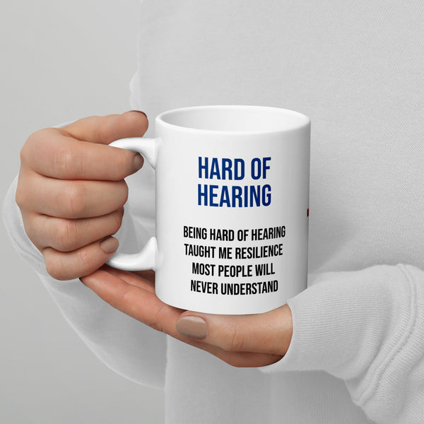 ILLTOCHILL Hard of hearing support gift for hearing impaired White glossy mug – Lifestyle 3 Handle on Left