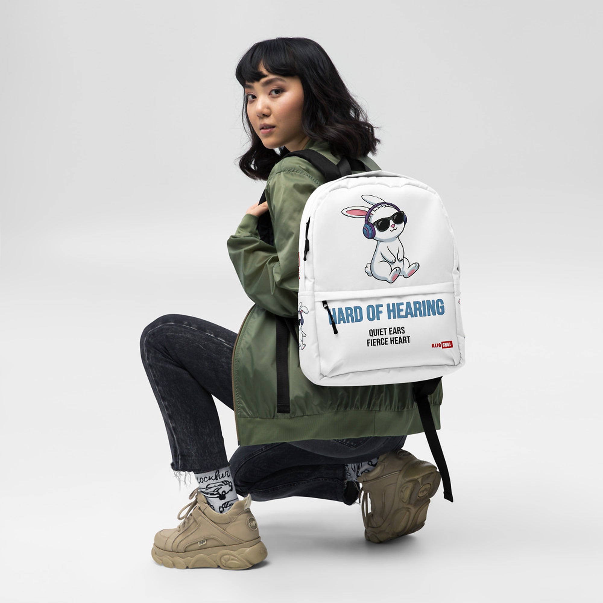 ILLTOCHILL Hard of Hearing Awareness Backpack – Women's Front (Clear)