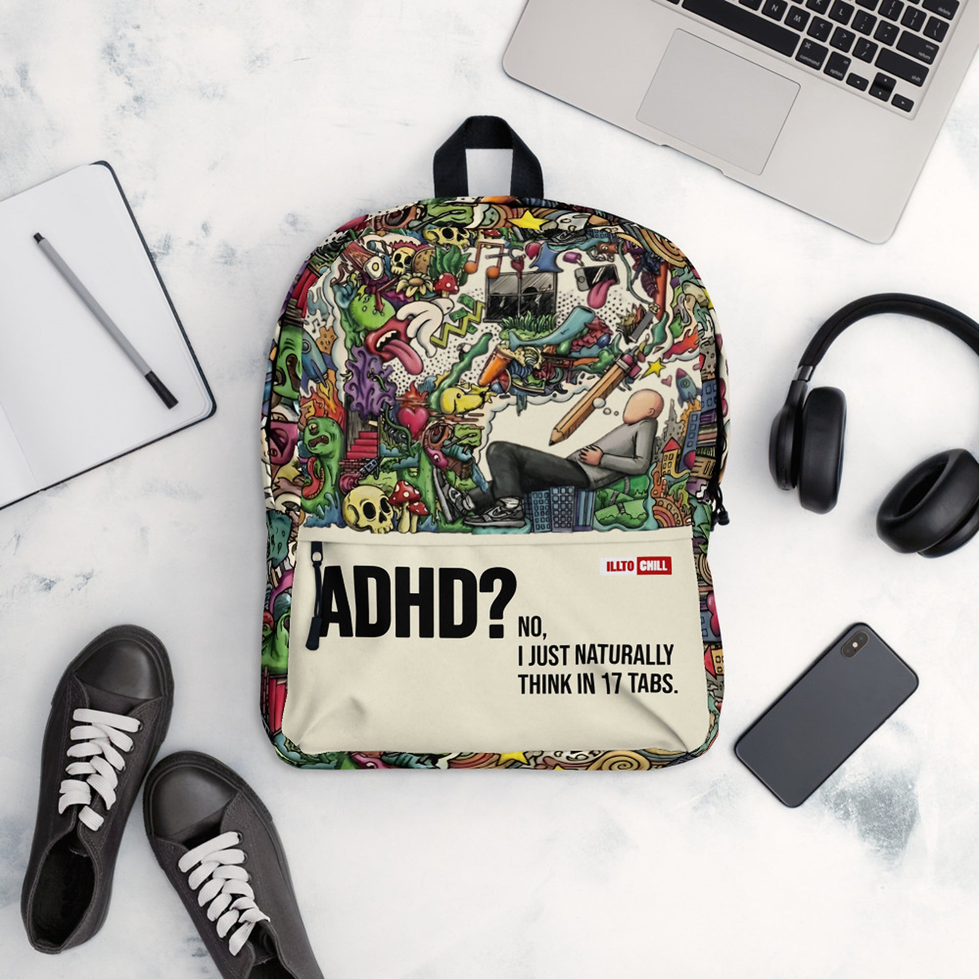 ILLTOCHILL Adhd Attention deficit awareness gift Backpack – Flat Lifestyle Front (Clear)