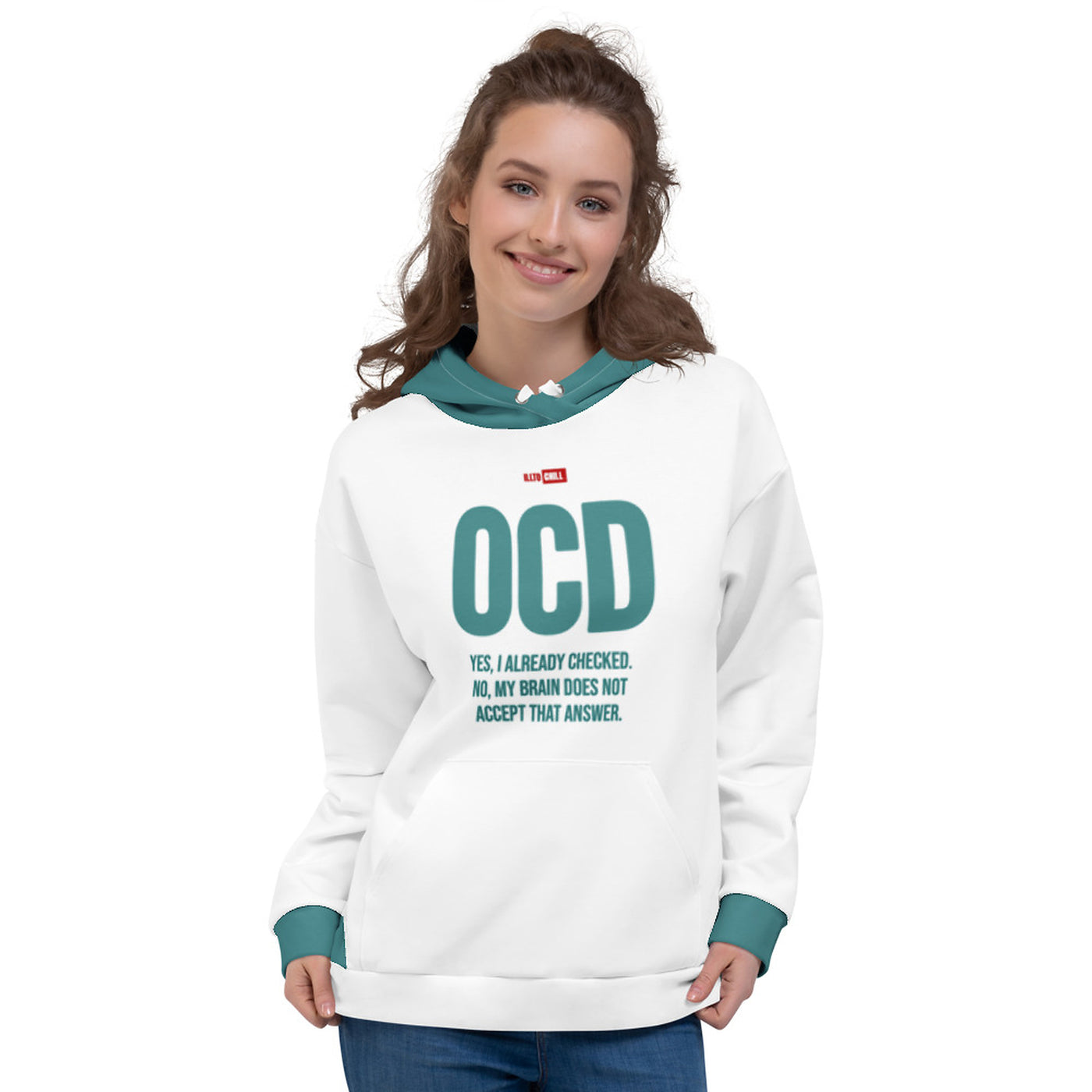 ILLTOCHILL ILLOCHILL OCD Support Obsessive-Compulsive Disorder gift heavyweight Unisex Hoodie – Women's Front (White)
