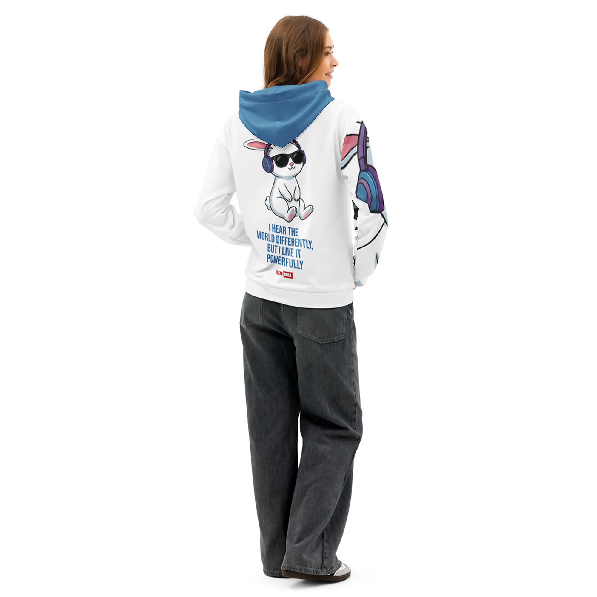 ILLTOCHILL Hard of hearing support gift for hearing impaired Unisex cotton hoodie – Women's Back (White)