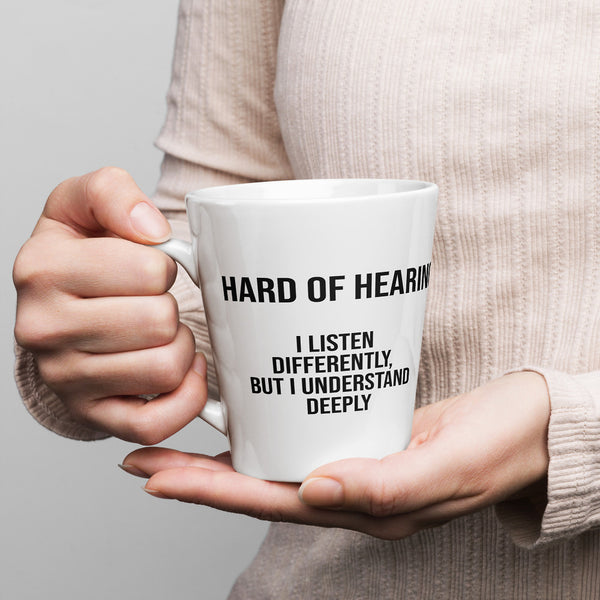 ILLTOCHILL Hard of hearing support gift for hearing impaired Latte mug – Lifestyle 1 Left