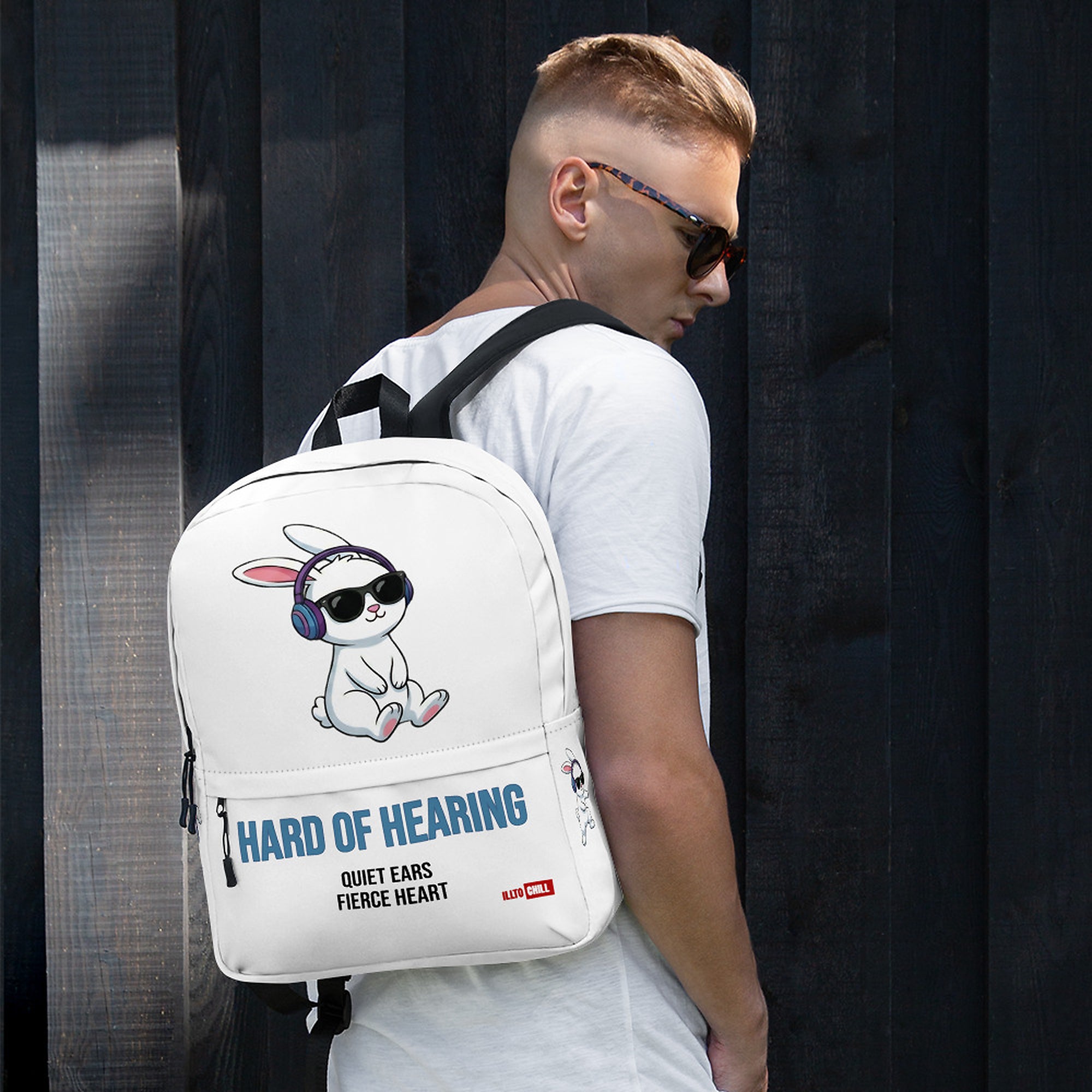 ILLTOCHILL Hard of Hearing Awareness Backpack – Men's Lifestyle Front (Clear)