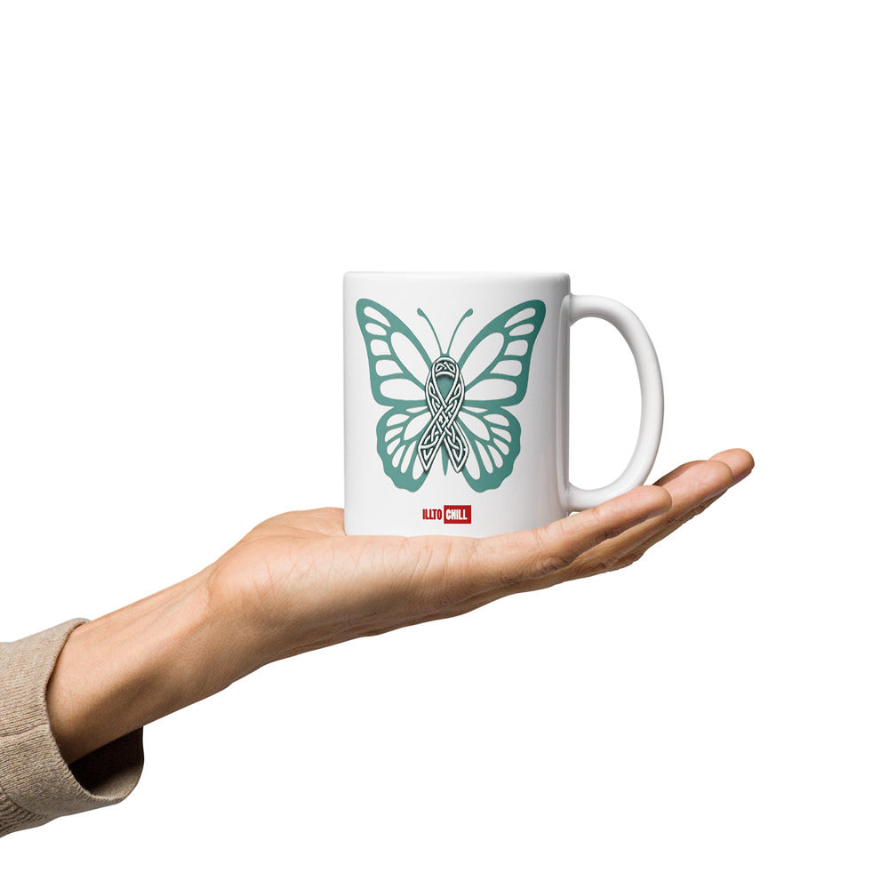 ILLTOCHILL POTS awareness gift White glossy mug – Lifestyle 2, Premium Handle on Right