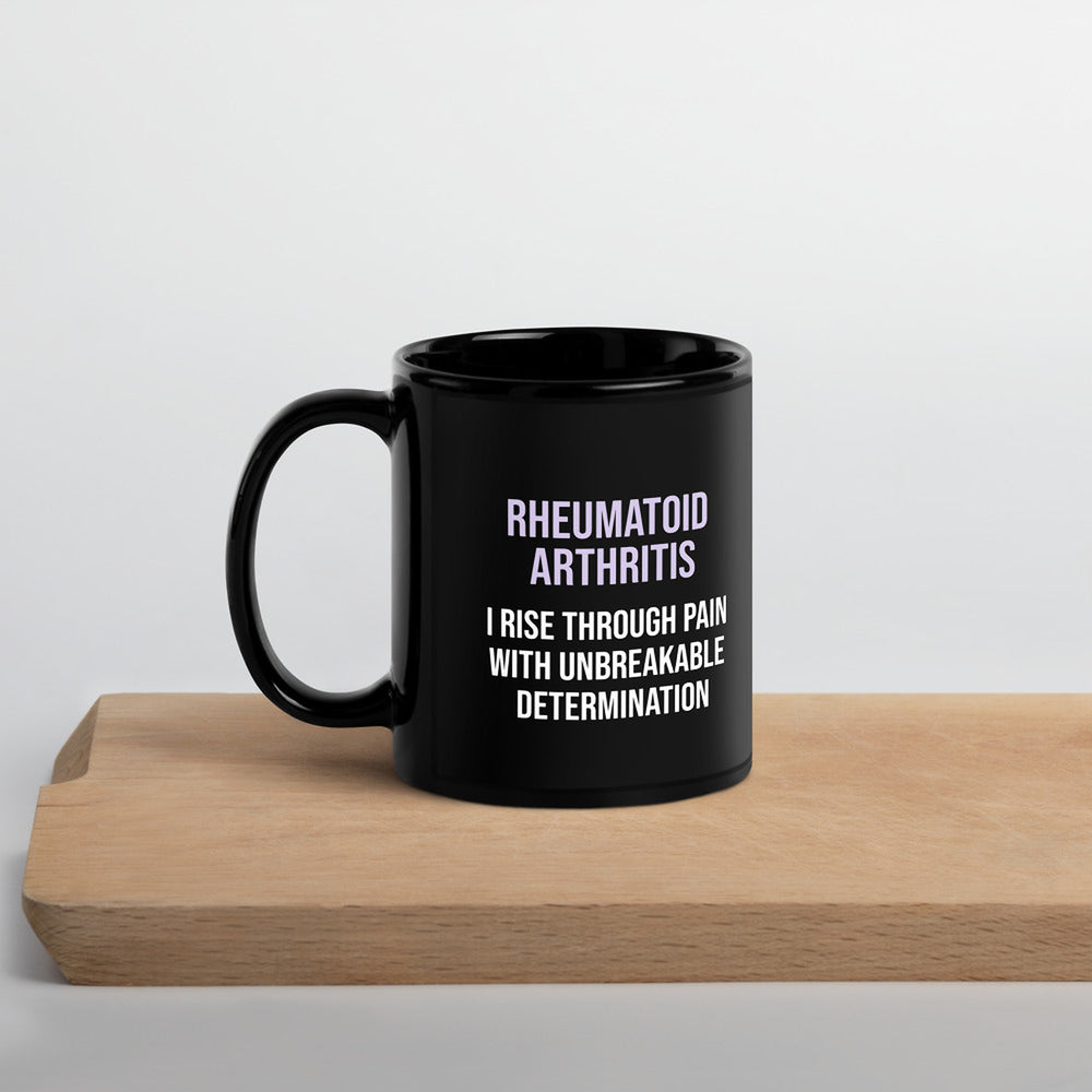 ILLTOCHILL RA awareness Rheumatoid Arthritis support gift Black Glossy Mug – Lifestyle 3 Handle on Left