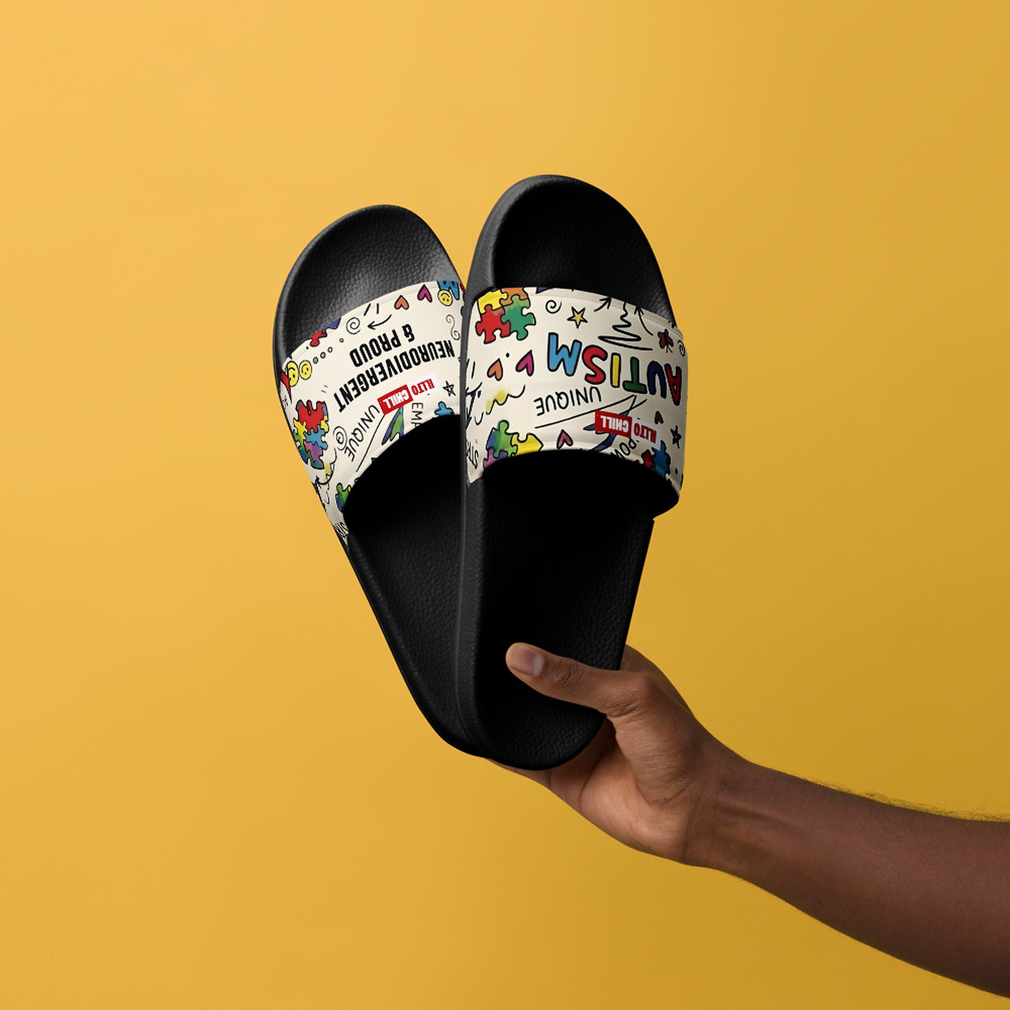 ILLTOCHILL Autism Awareness Men's Slides – Men's Lifestyle 3 Front (Autism Awareness Men's Slides)