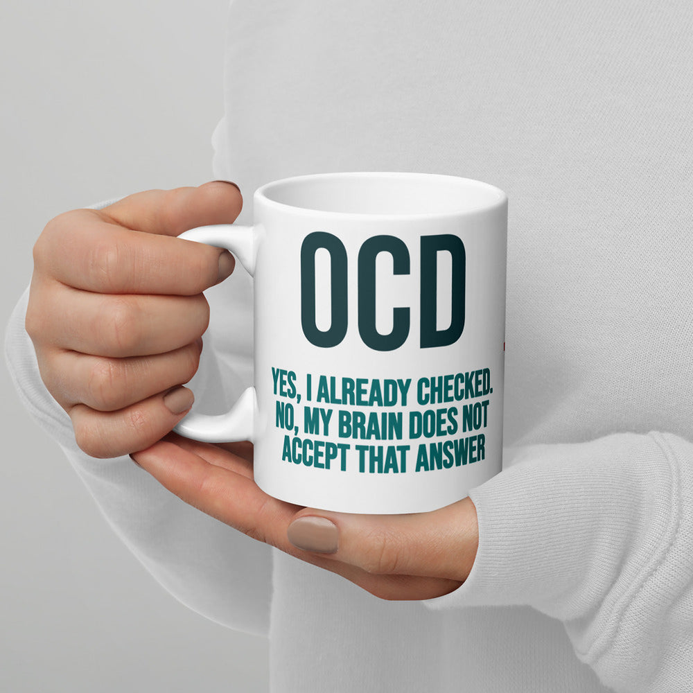 ILLTOCHILL OCD awareness Obsessive-Compulsive Disorder gift White glossy mug – Lifestyle 3 Handle on Left
