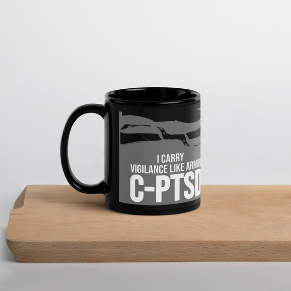 ILLTOCHILL CPTSD awareness Complex Post-Traumatic Stress disorder gift Black Glossy Mug – Lifestyle 3 Handle on Left