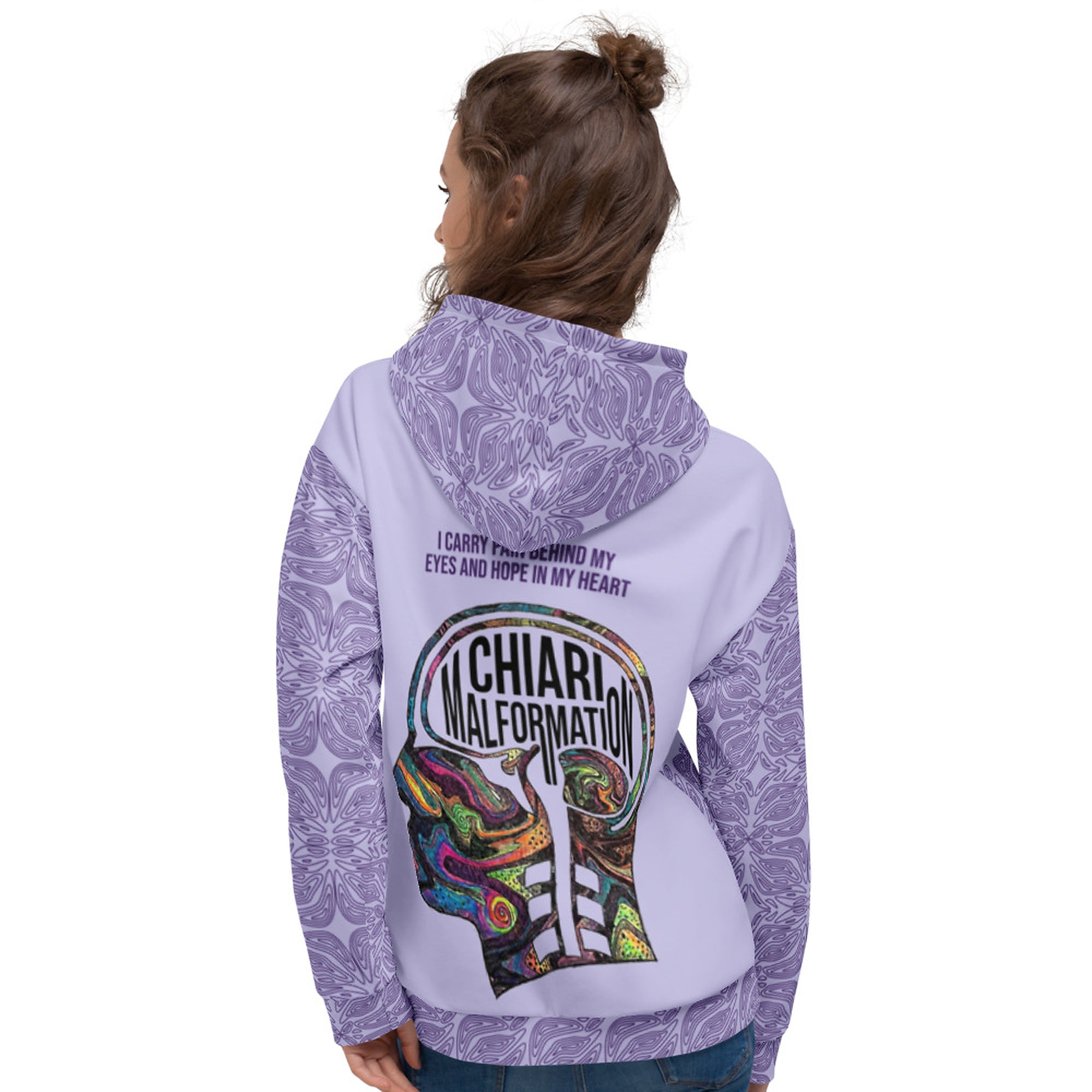 ILLTOCHILL CM Chiari Malformation awareness gift heavyweight unisex hoodie – Women's Back (White)