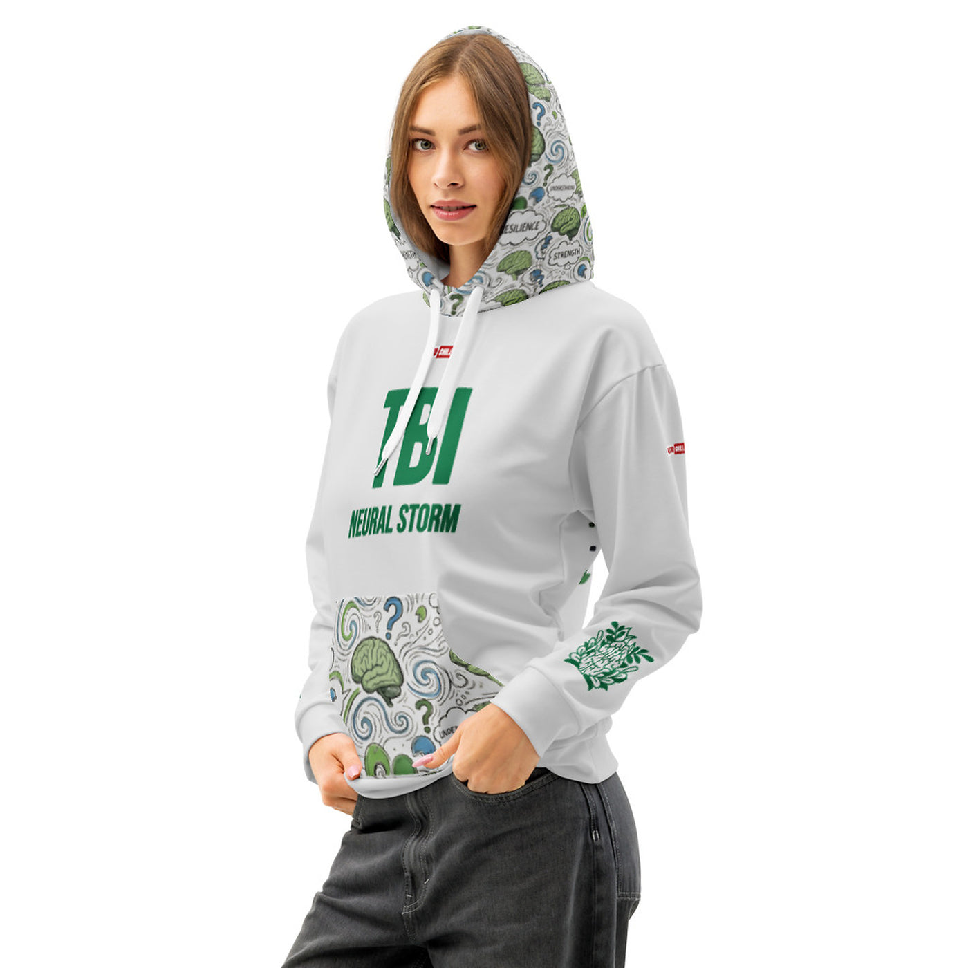 ILLTOCHILL TBI Traumatic brain injury support gift unisex cotton hoodie – Women's Front (White)