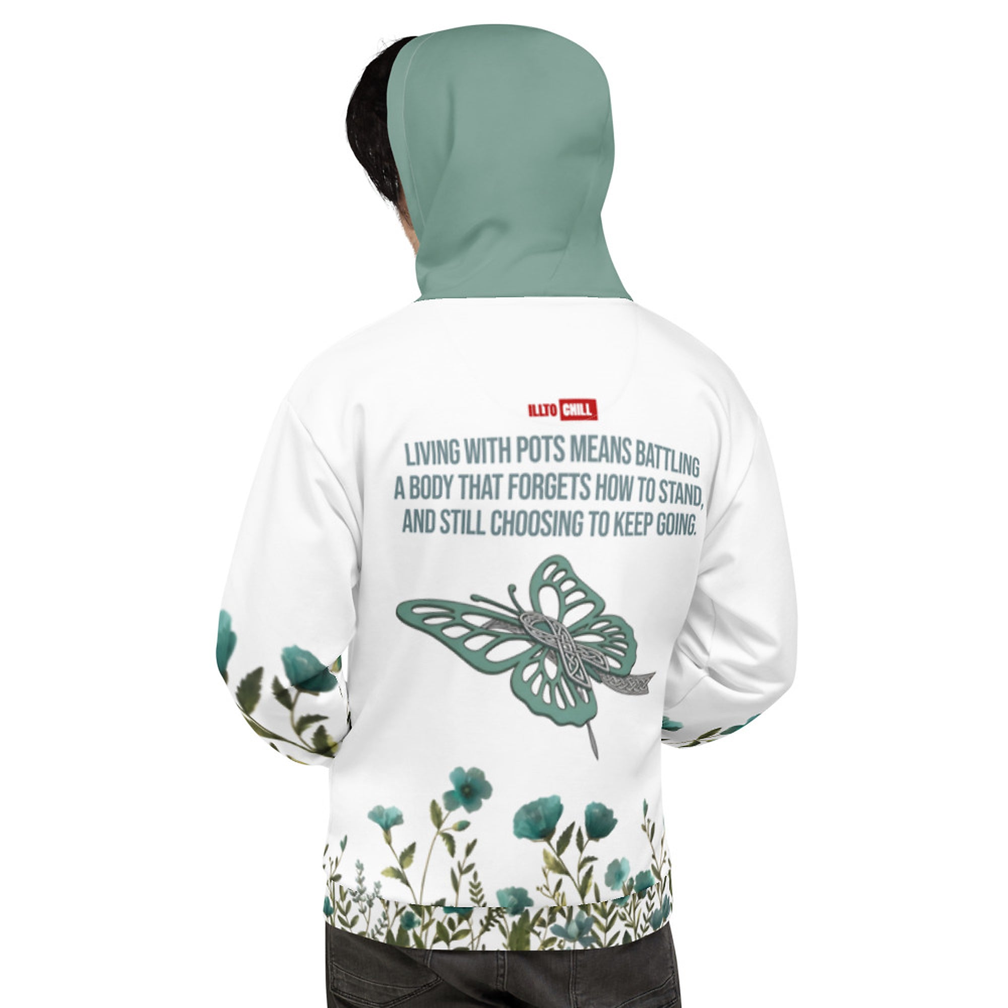 ILLTOCHILL POTS awareness heavyweight Unisex Hoodie – Men's Back (White)