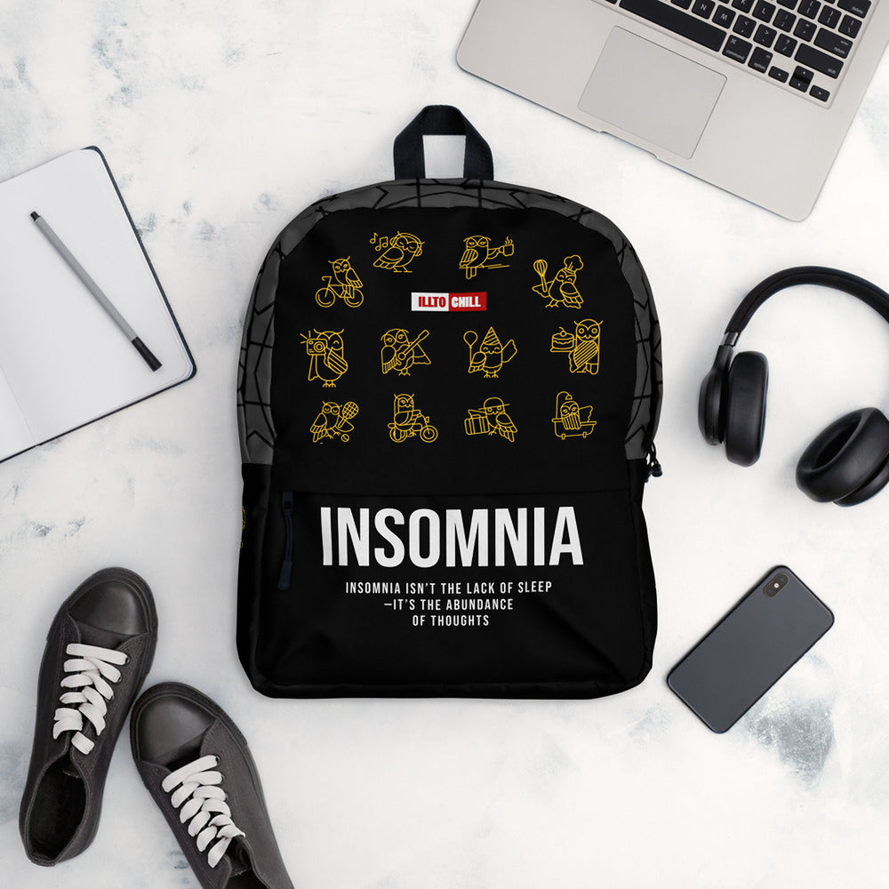 ILLTOCHILL Insomnia Night Owl Backpack – Flat Lifestyle Front (Black)