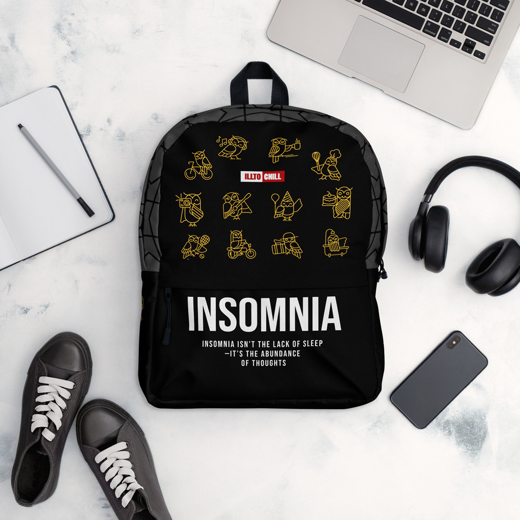 ILLTOCHILL Insomnia Night Owl Backpack – Flat Lifestyle Front (Black)