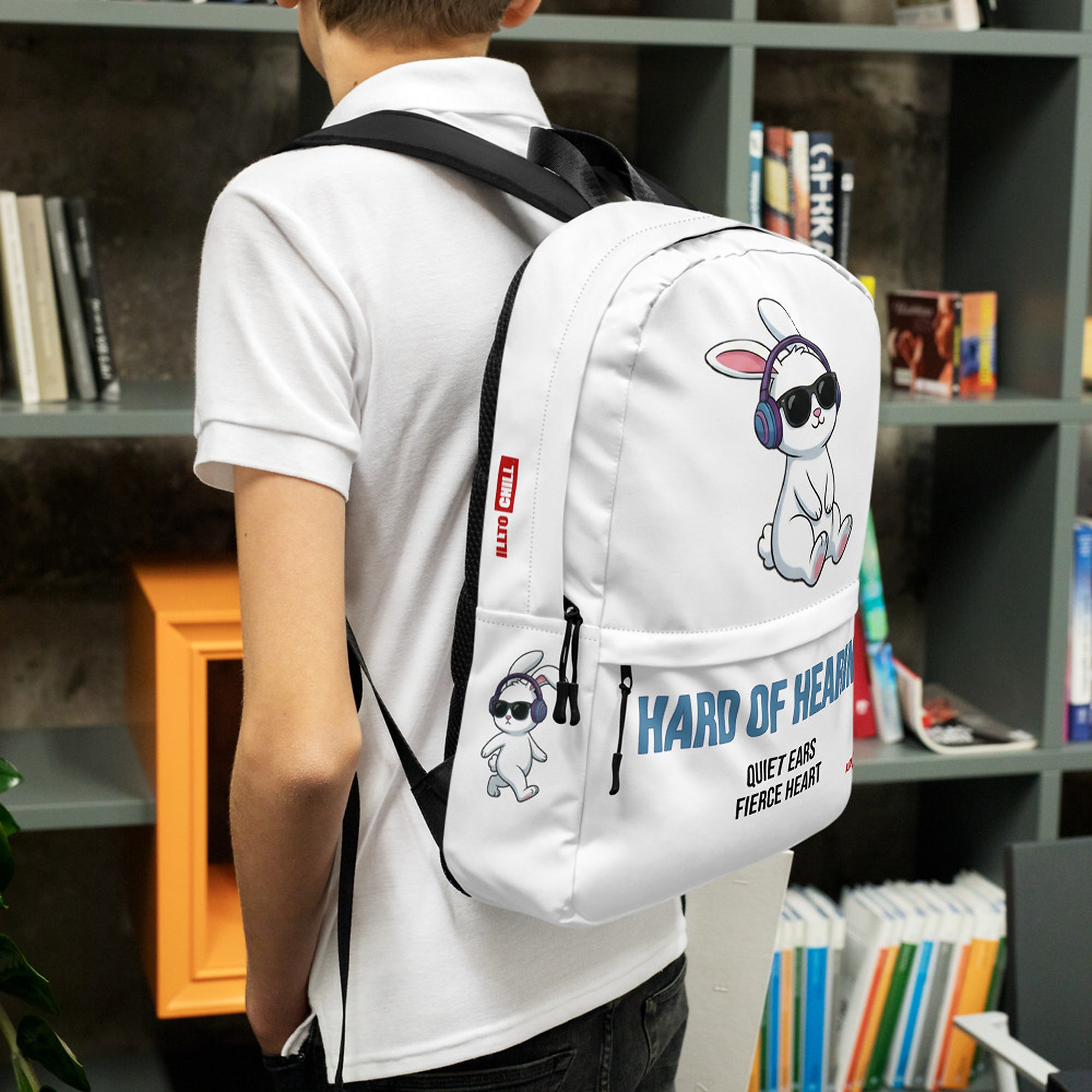 ILLTOCHILL Hard of Hearing Awareness Backpack – Lifestyle Left (Clear)