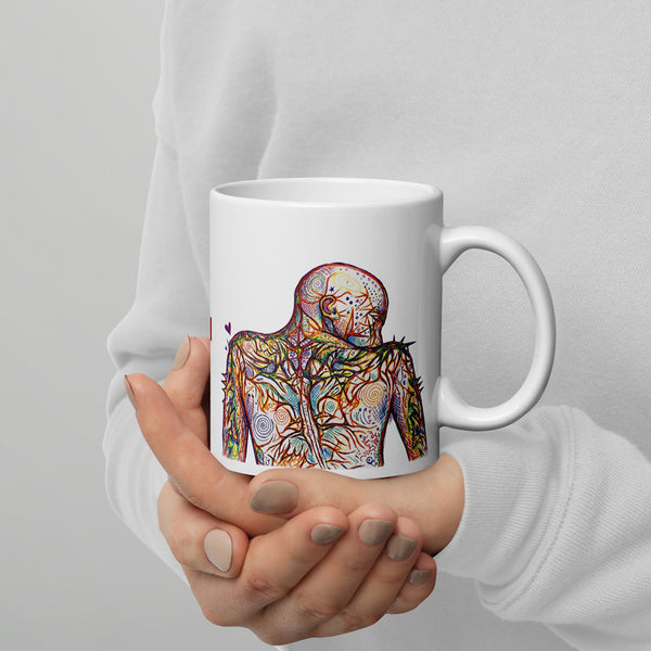 ILLTOCHILL Fibromyalgia awareness fibro gift White glossy mug – Lifestyle 3 Handle on Right