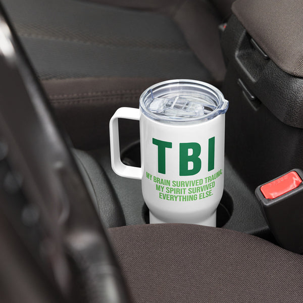 ILLTOCHILL TBI Traumatic brain injury support gift Travel mug with a handle – Lifestyle Right
