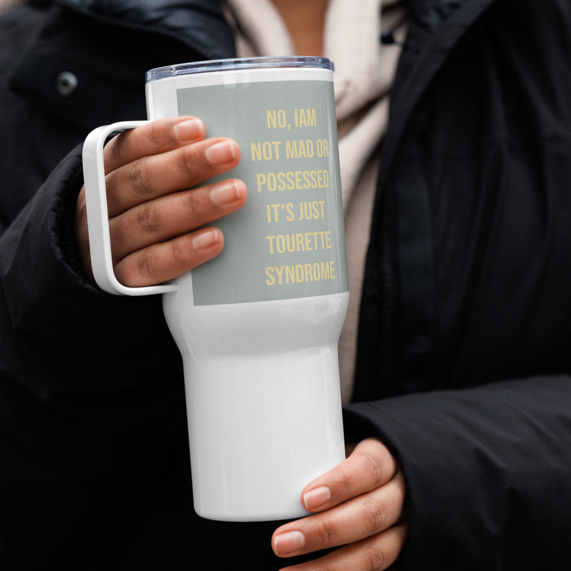 ILLTOCHILL Tourette syndrome awareness TS gift Travel mug with a handle – Lifestyle 4 Right