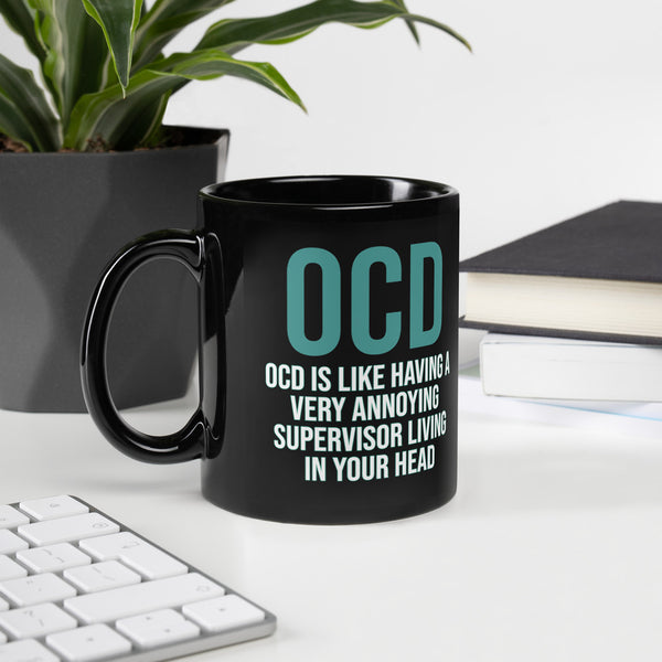ILLTOCHILL OCD awareness Obsessive-Compulsive Disorder gift Black Glossy Mug – Lifestyle 2 Handle on Left