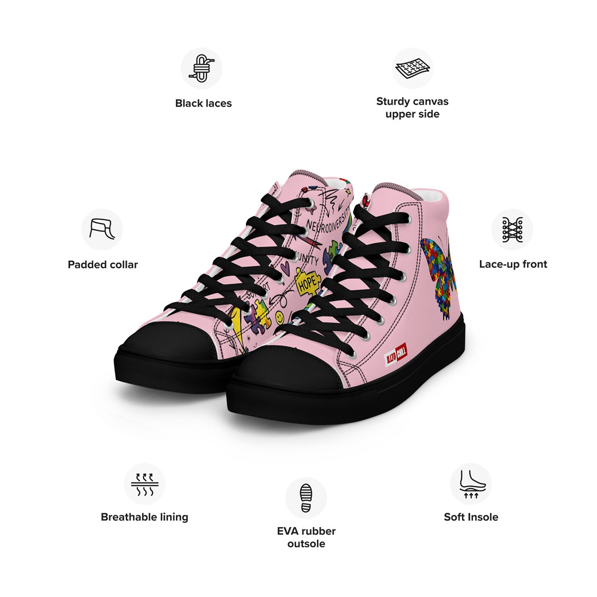 ILLTOCHILL Autism Awareness Women's High Top Shoes – Product specs Left Front (Autism Awareness Women's High Top Shoes)