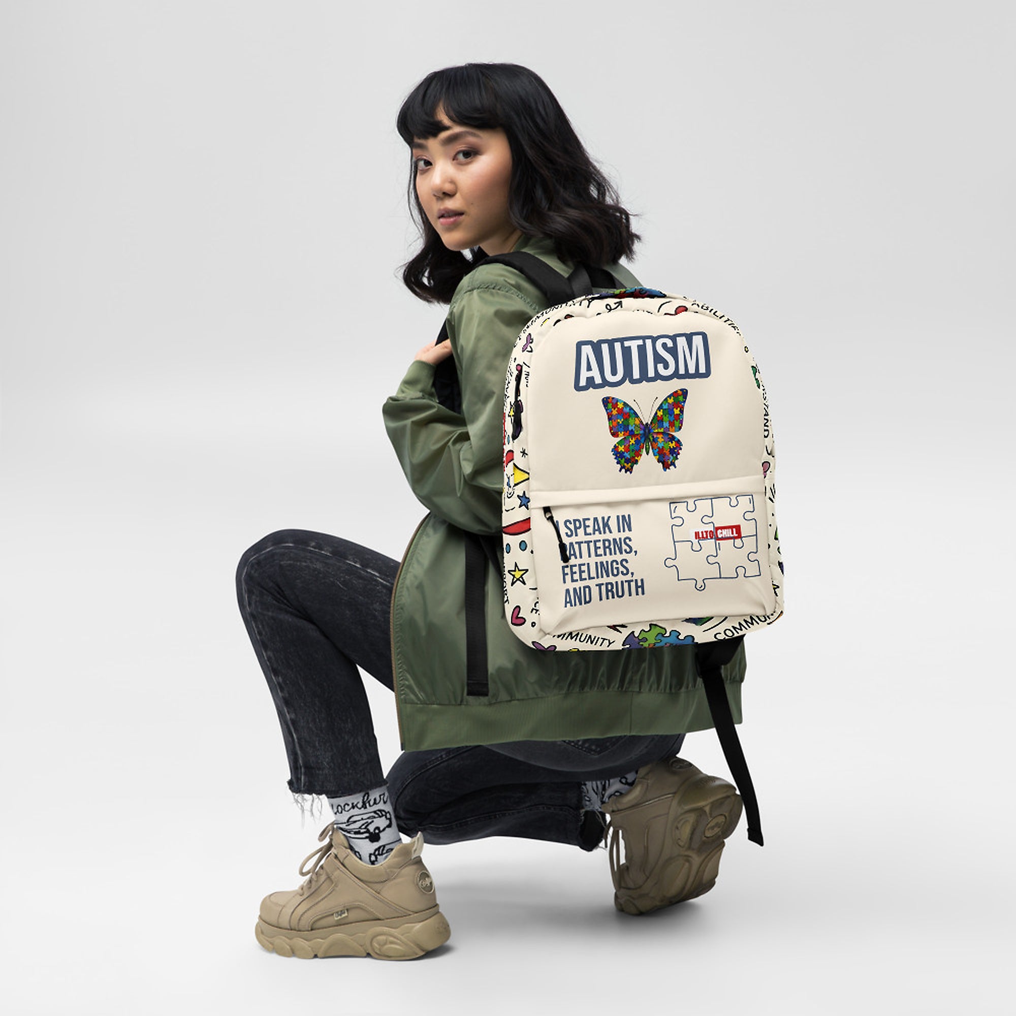 ILLTOCHILL Autism Awareness Backpack – Women's Front (Clear)