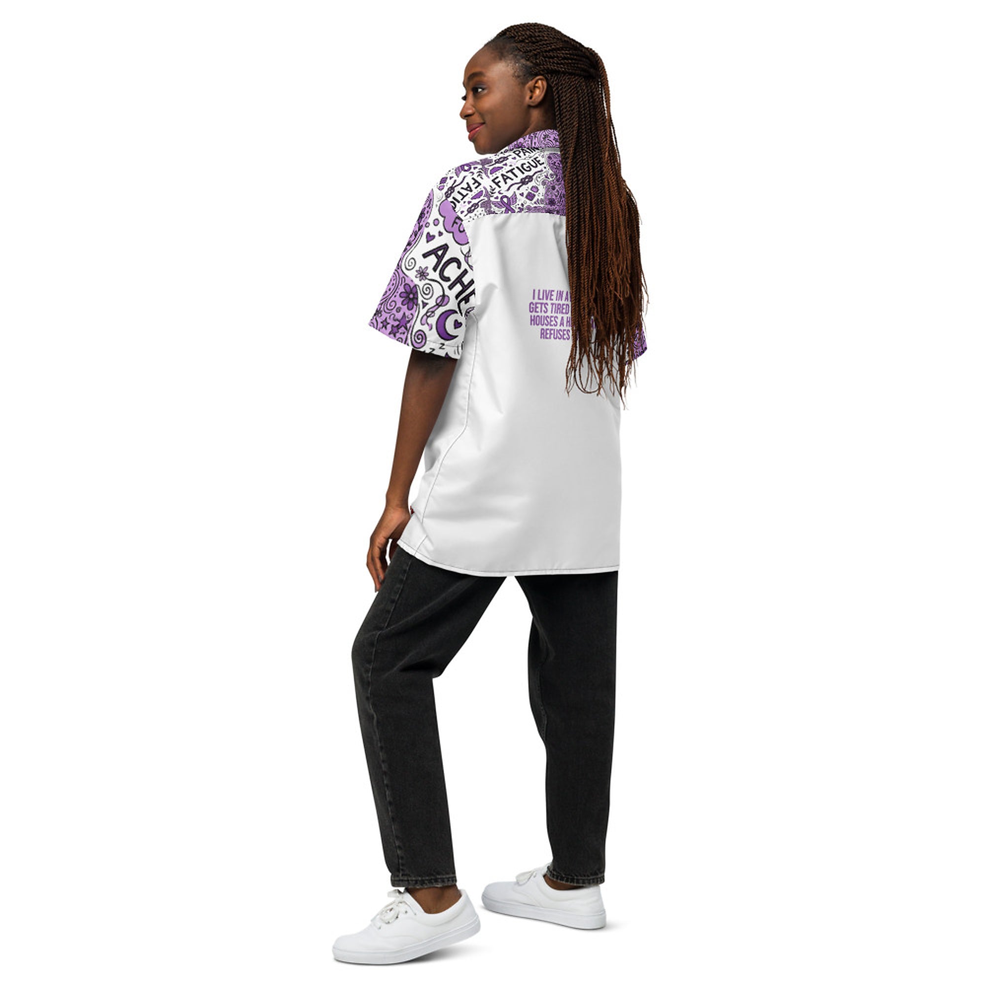 ILLTOCHILL Fibromyalgia awareness Unisex button shirt – Women's Back (Black)