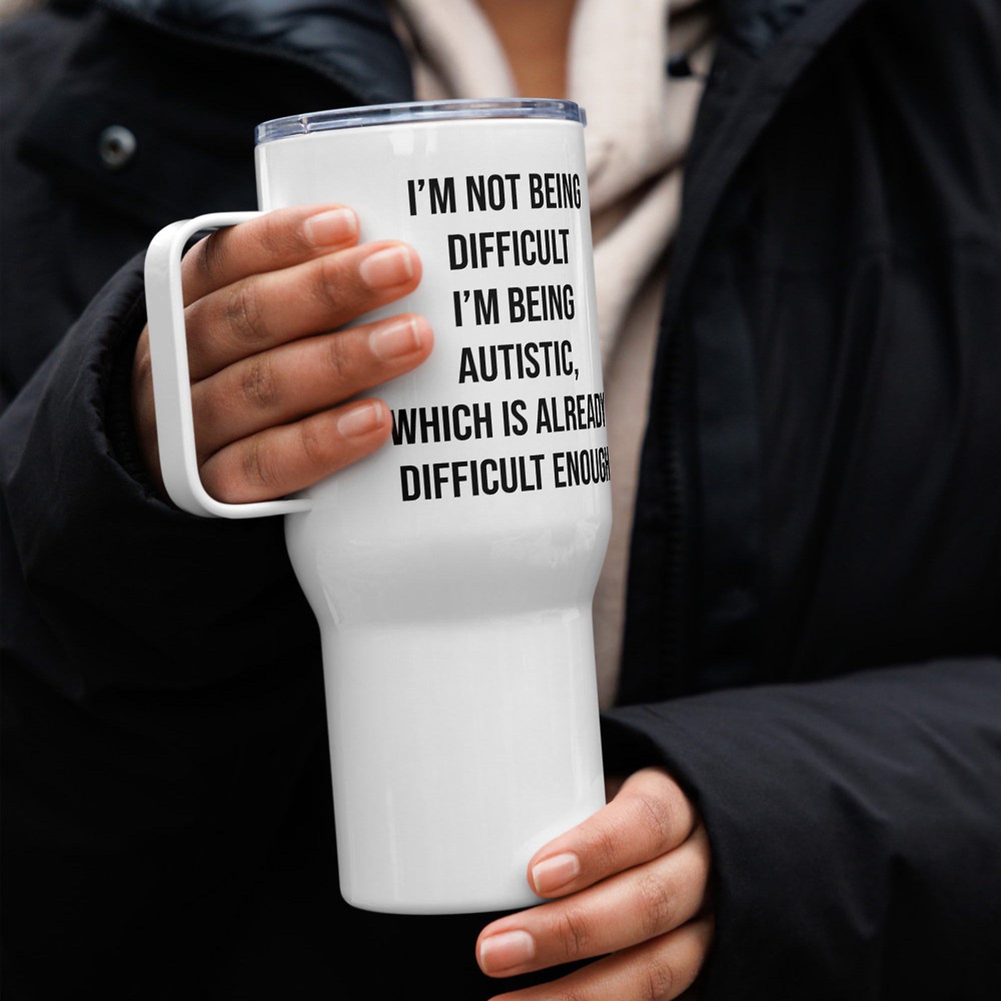 ILLTOCHILL Autism awareness puzzle gift Travel mug with a handle – Lifestyle 4 Right