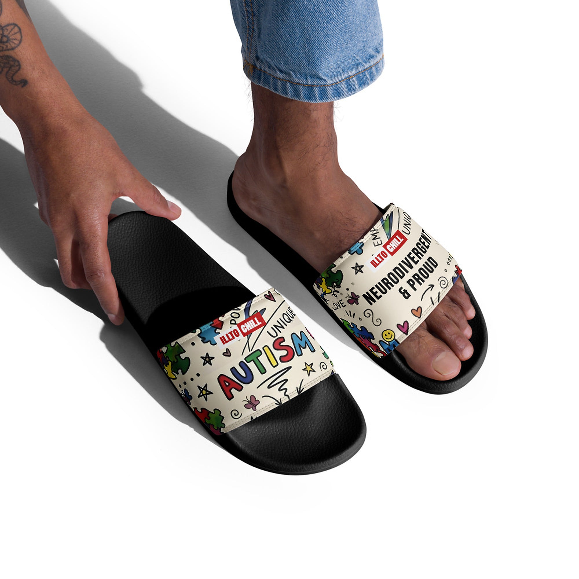 ILLTOCHILL Autism Awareness Men's Slides – Men's Lifestyle 2 Right Front (Autism Awareness Men's Slides)
