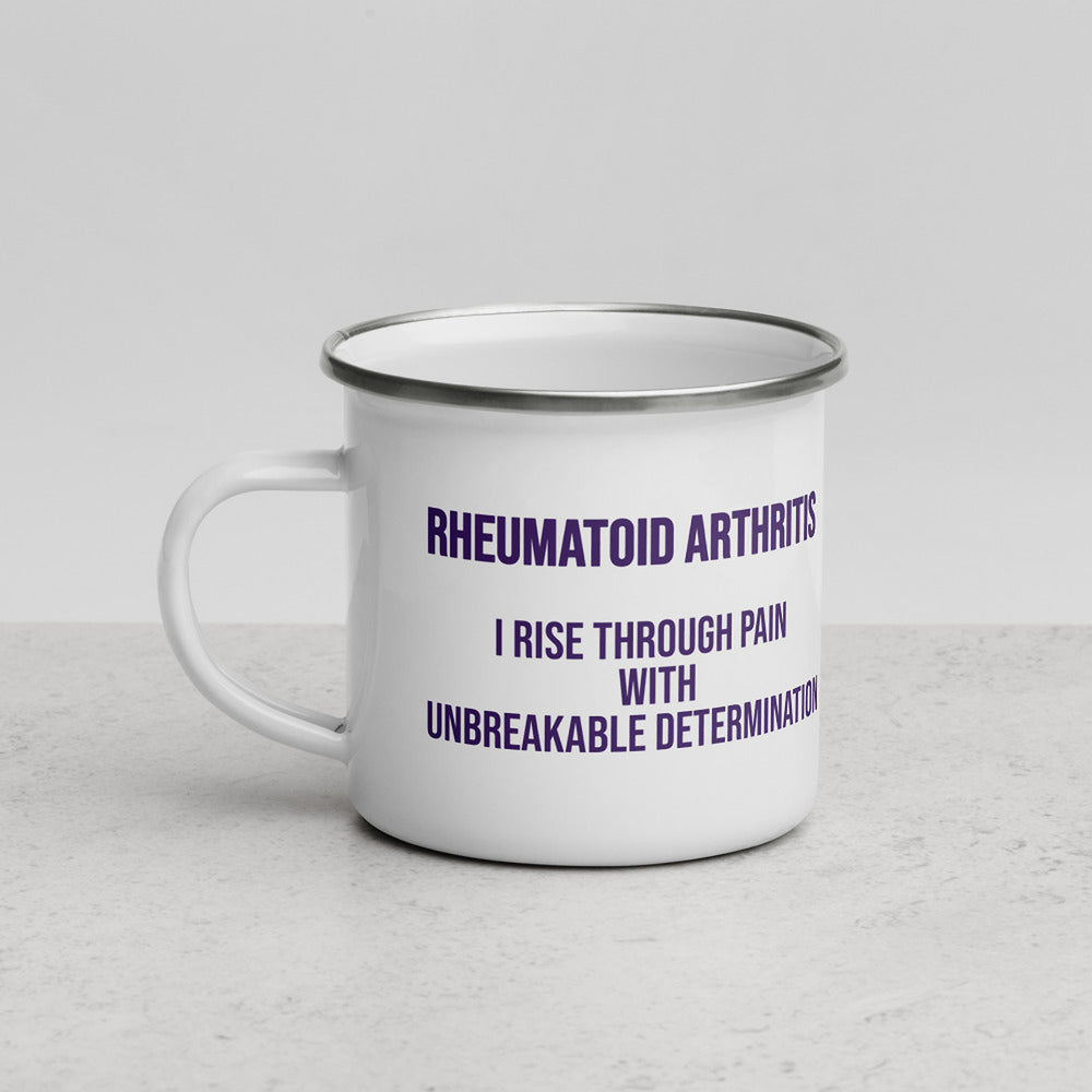 ILLTOCHILL RA awareness Rheumatoid Arthritis support gift Enamel Mug – Lifestyle 3 Left
