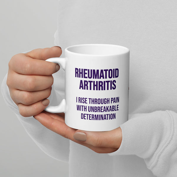 ILLTOCHILL RA awareness Rheumatoid Arthritis support gift White glossy mug – Lifestyle 3 Handle on Left