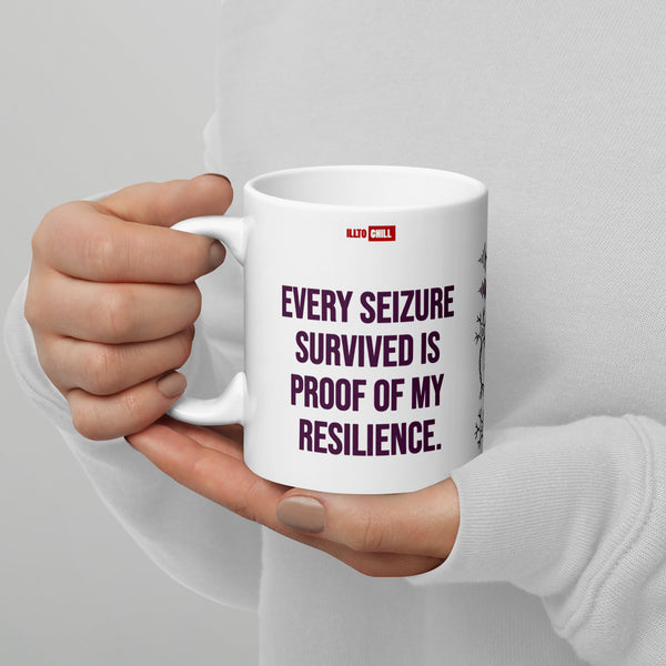 ILLTOCHILL Epilepsy awareness and support gift White glossy mug – Lifestyle 3 Handle on Left