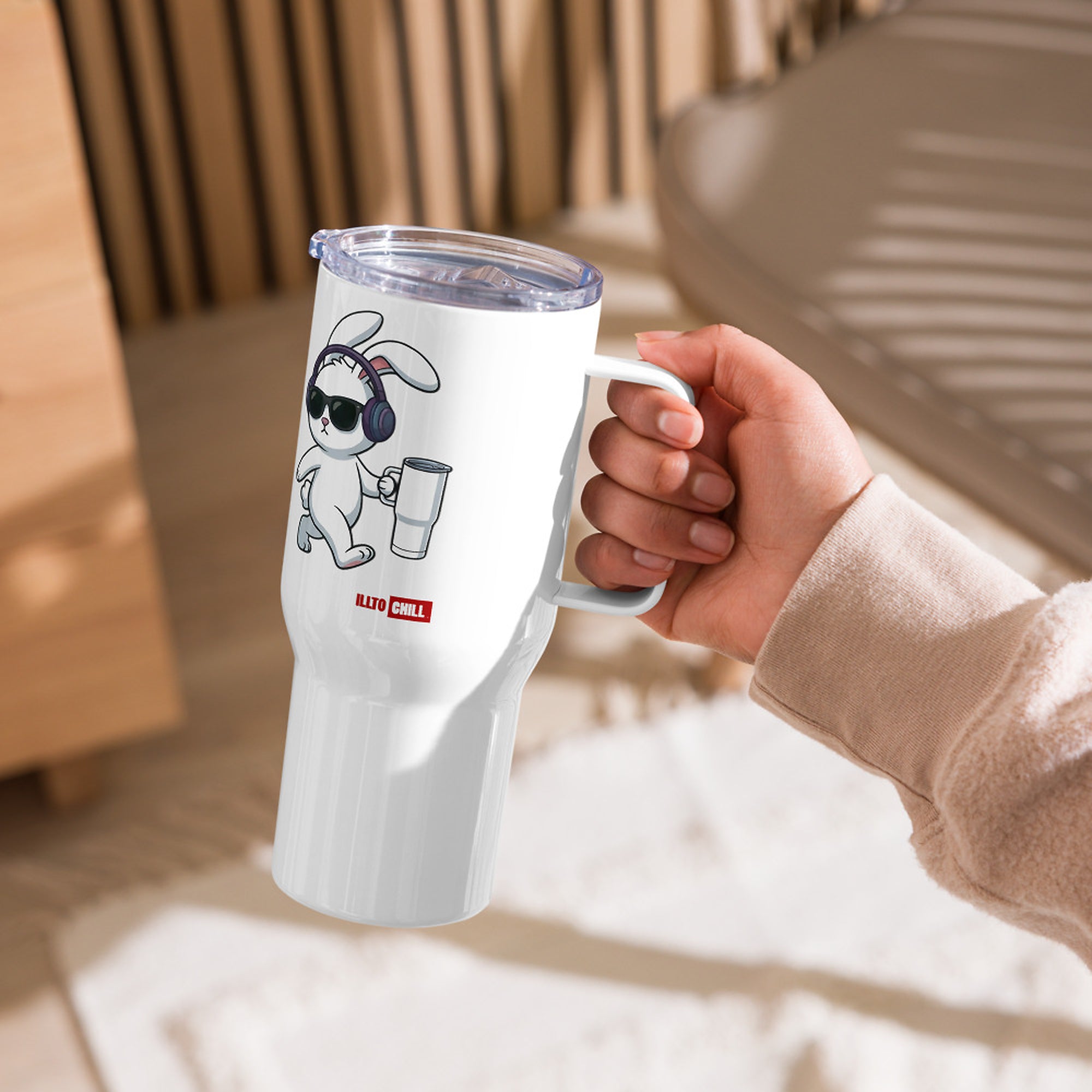ILLTOCHILL Hard of hearing support gift for hearing impaired Travel mug with a handle – Lifestyle 7 Left