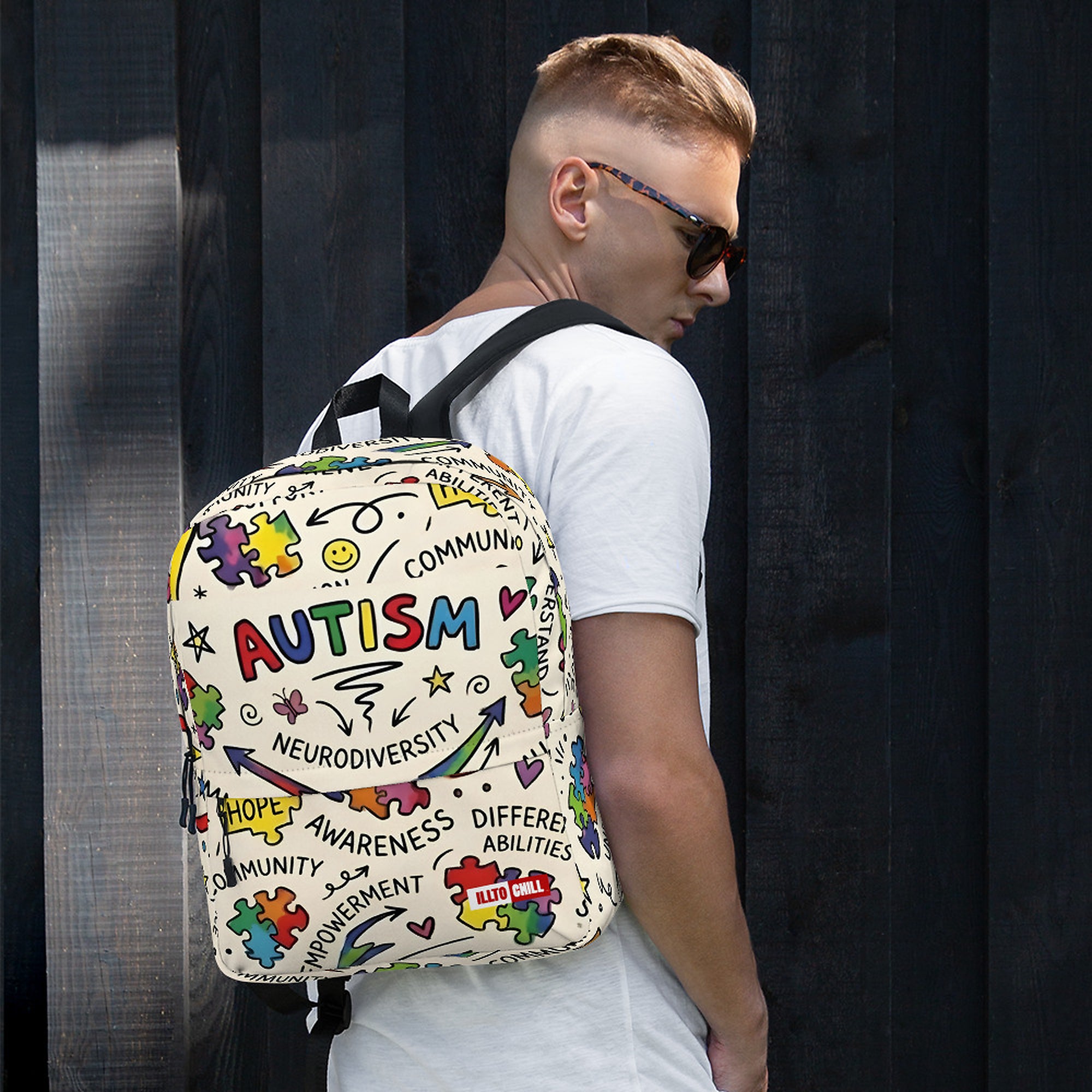 ILLTOCHILL Autism Awareness Backpack – Men's Lifestyle Front (Clear)